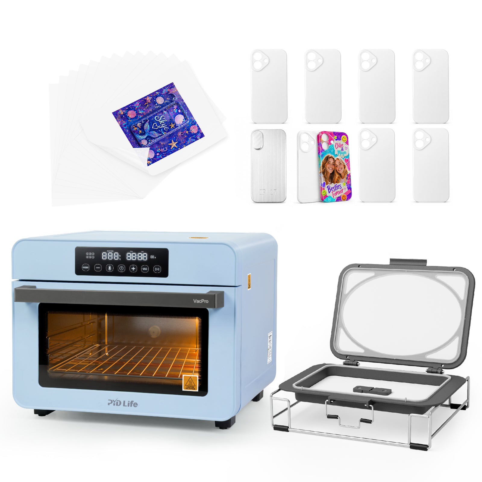 3D Vacuum Sublimation Oven Kit with Sublimation Film, 1 Pack iPhone Metal Mold and 8 Pack Blank Sublimation Phone Cases for Custom 3D Phone Case
