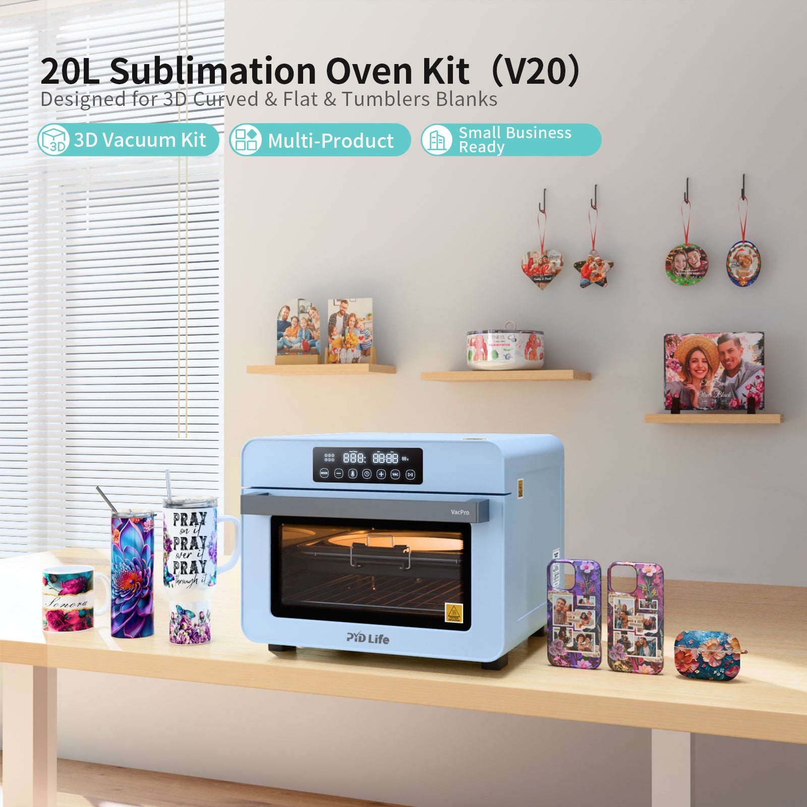 V20 Sublimation Oven Machine Kit 20 L 220 V 1300 W Light Blue for 3D Phone Case Photo Slates Mugs Tumblers Blanks Printing (V20 + A4 Tray Kit) for CA-Shipping from China