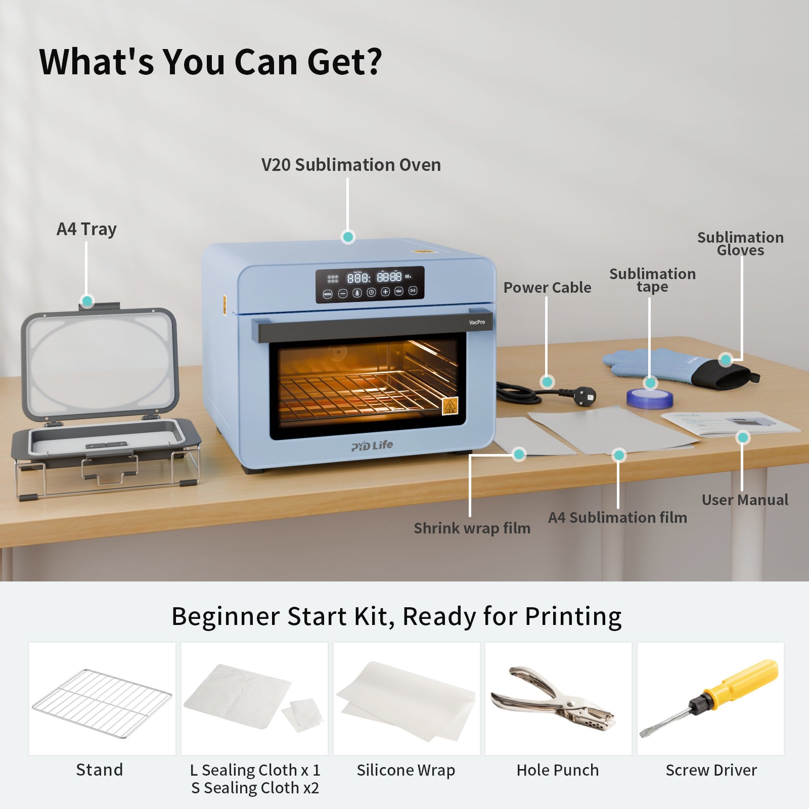 V20 Sublimation Oven Machine Kit 20 L 220 V 1300 W Light Blue for 3D Phone Case Photo Slates Mugs Tumblers Blanks Printing (V20 + A4 Tray Kit) for CA-Shipping from China