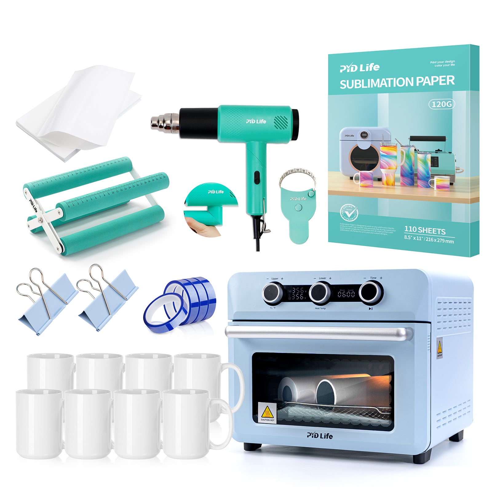 25 L Sublimation Oven Sublimation Starter Beginners Kits Bundle with 15 OZ Sublimation Mugs,Heat Tape,Heat Blower,Cup Cradle,Binder Clip,Y-Shaped Ruler,Sublimation Paper and Shrink Wrap Film