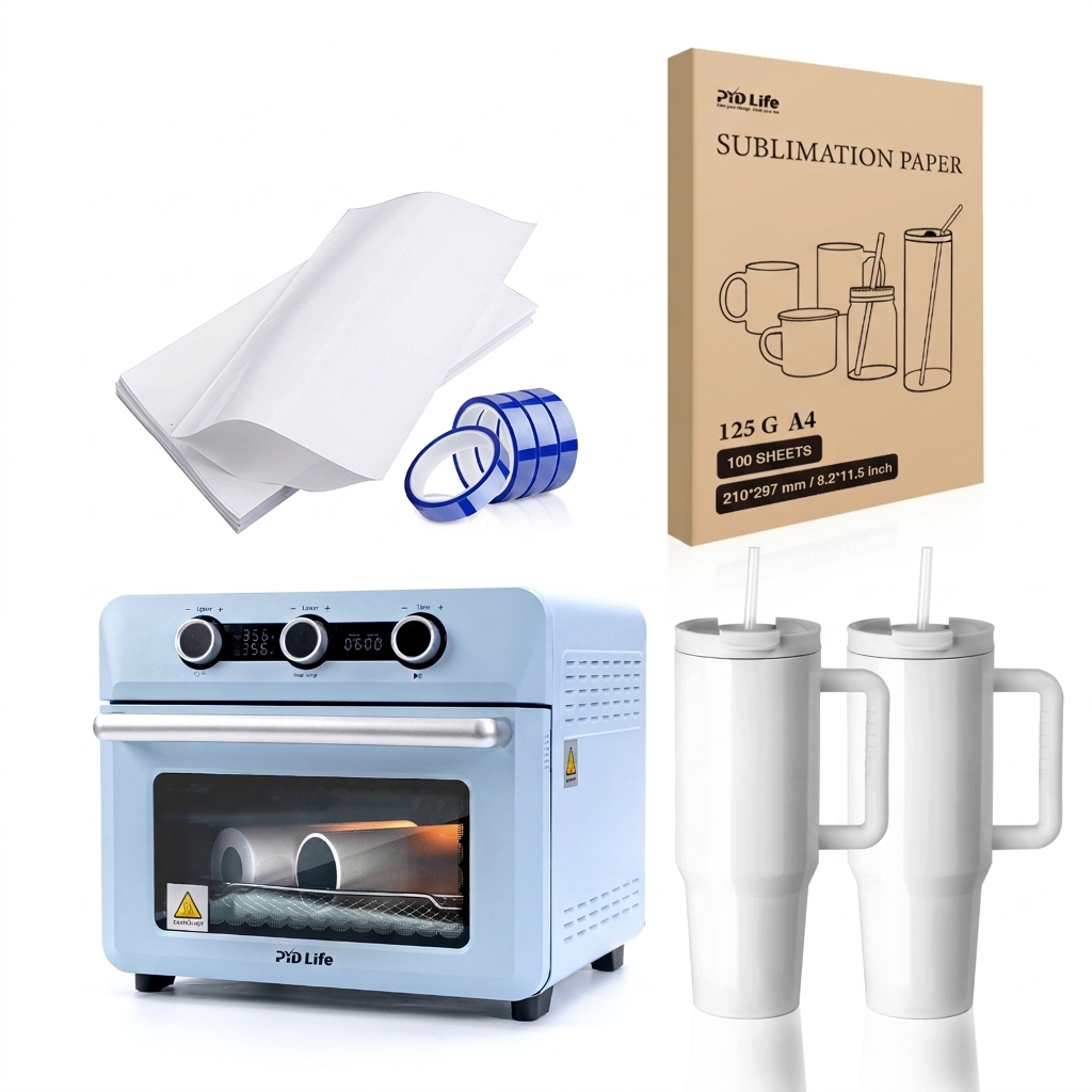 25 L Sublimation Oven Sublimation Starter Beginners Kit Bundle with 40 OZ Sublimation Tumblers,Sublimation Tape,Shrink Wrap Film and Sublimation Paper A4 Size