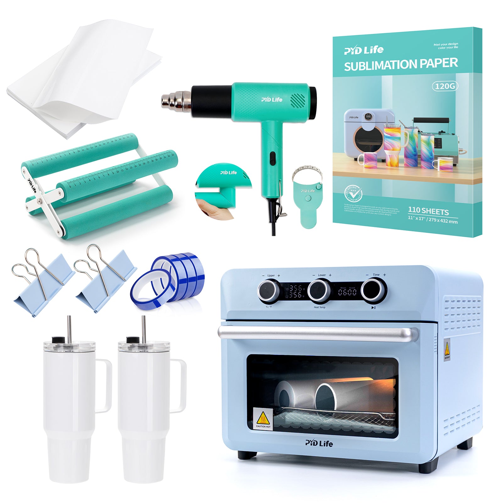 25 L Sublimation Oven Sublimation Starter Beginners Kits Bundle with 40 OZ Sublimation Tumblers,Heat Tape,Heat Blower,Cup Cradle,Binder Clip,Y-Shaped Ruler,Sublimation Paper and Shrink Wrap Film