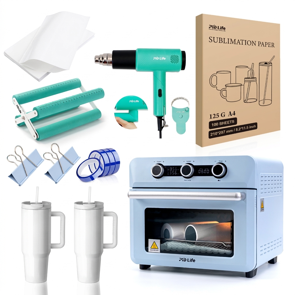 25 L Sublimation Oven Sublimation Starter Beginners Kits Bundle with 40 OZ Sublimation Tumblers,Heat Tape,Heat Blower,Cup Cradle,Binder Clip,Y-Shaped Ruler,Sublimation Paper and Shrink Wrap Film