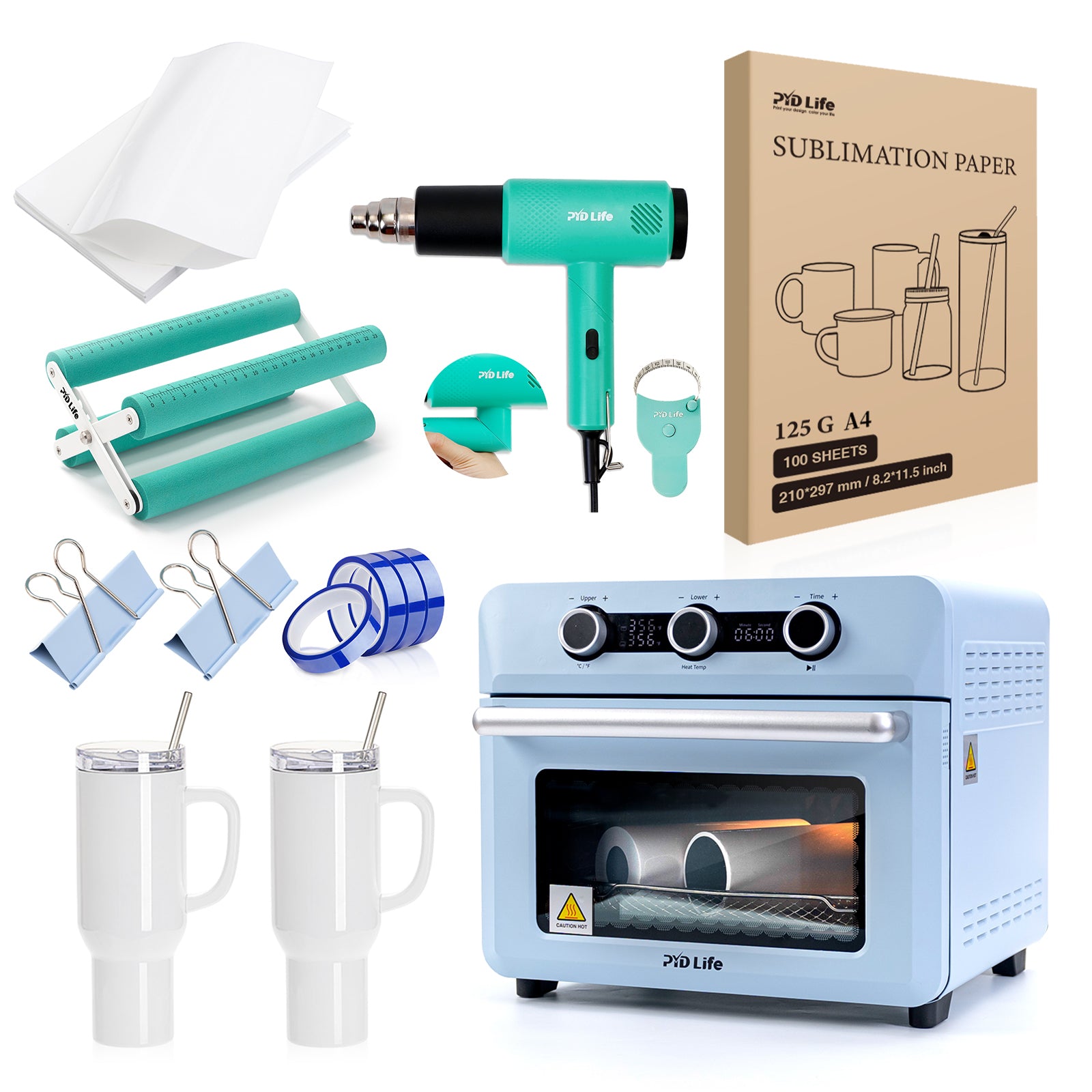 25 L Sublimation Oven Sublimation Starter Beginners Kits Bundle with 40 OZ Sublimation Tumblers,Heat Tape,Heat Blower,Cup Cradle,Binder Clip,Y-Shaped Ruler,Sublimation Paper and Shrink Wrap Film