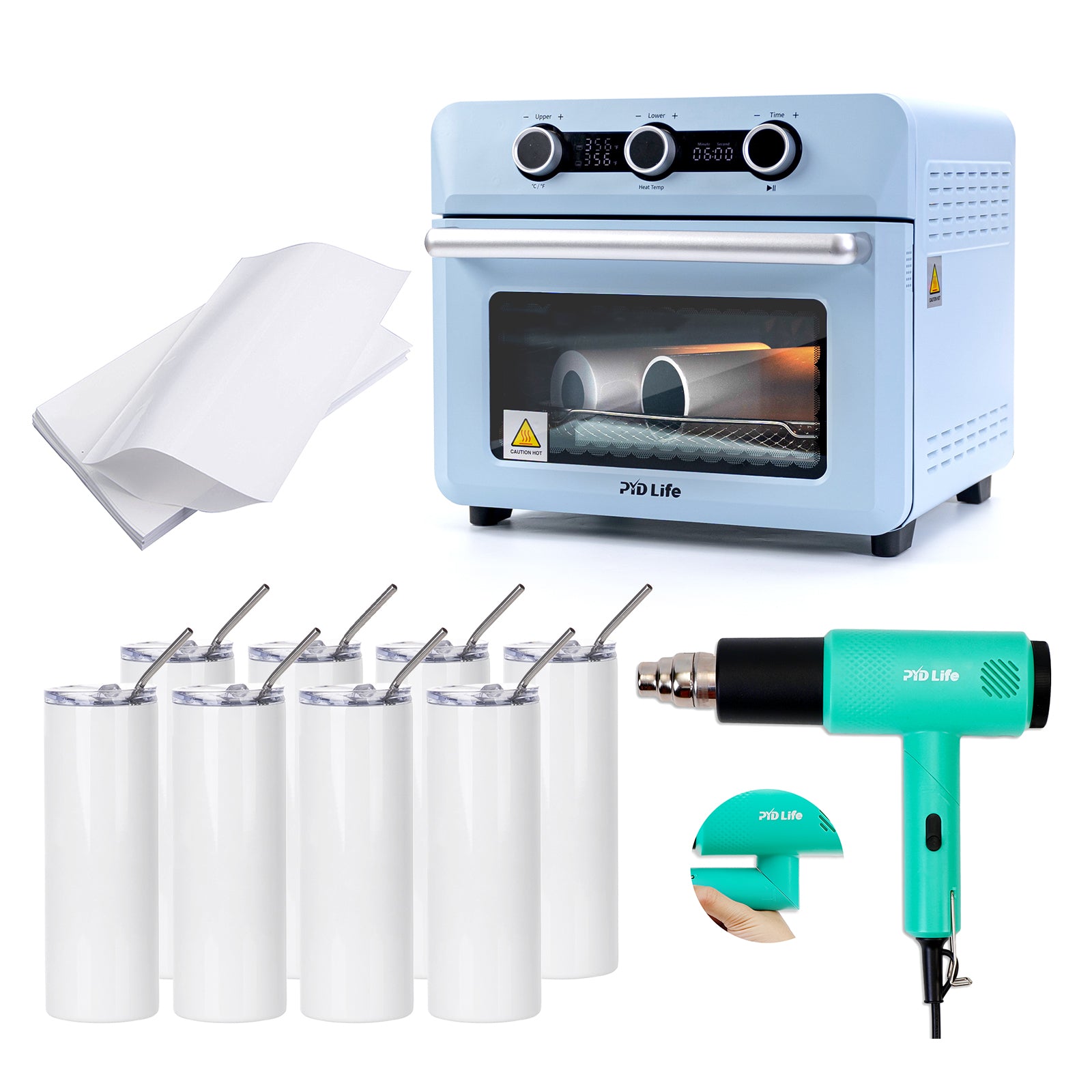 25 L Sublimation Oven Sublimation Starter Benginers Kit Bundle with 20 OZ Sublimation Tumblers,Sublimation Tape,Heat Blower and Shrink Wrap Film