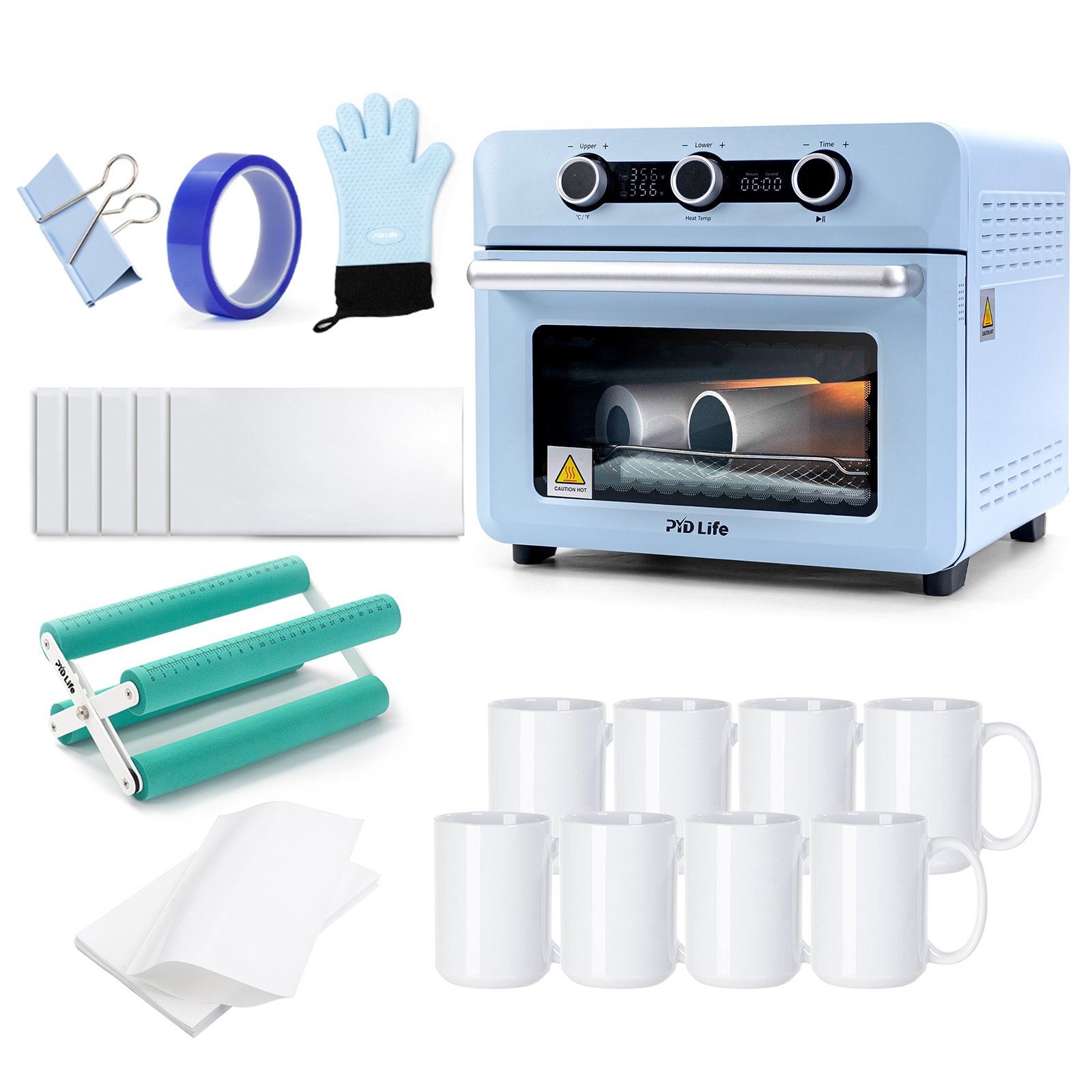 25 L Sublimation Oven Sublimation Starter Beginners Kits Bundle with 15 OZ Sublimation Mugs,Cup Cradle and Shrink Wrap Film