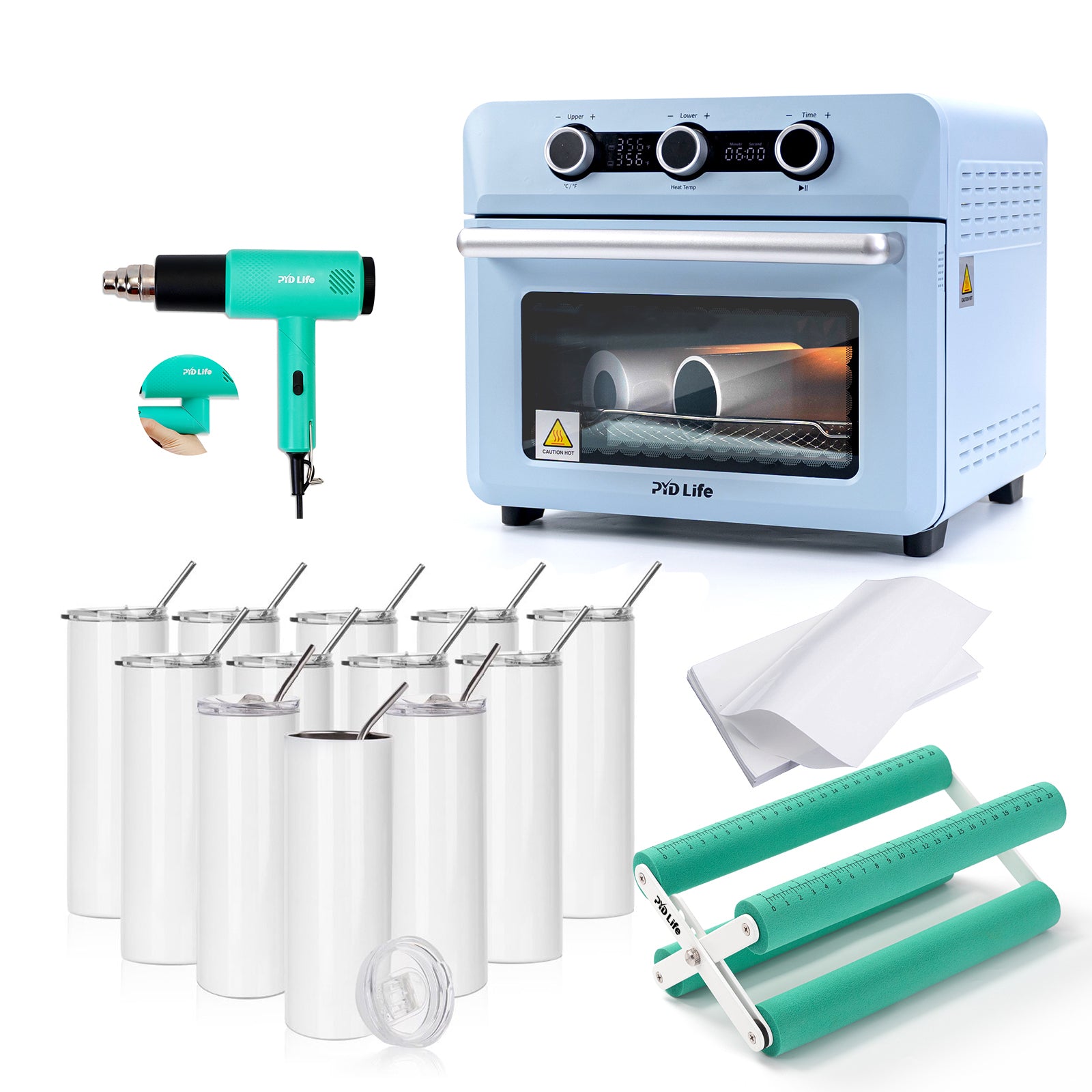 25 L Sublimation Oven Sublimation Starter Benginers Kit Bundle with 12 Pack 20 OZ Sublimation Tumblers,Cup Tumbler Cradle,Shrink Wrap Films and Heat Blower Foldable Handle