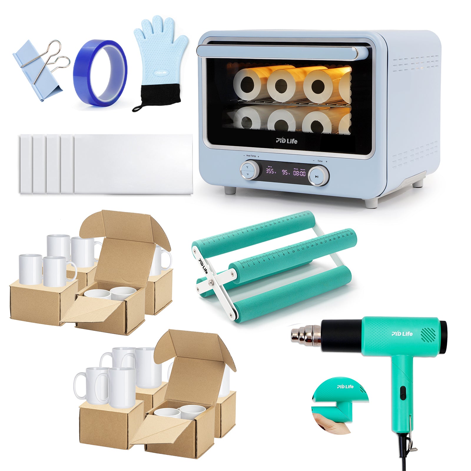 40 L Sublimation Oven Kit Bundle with 11oz Mugs,15oz Mugs,Cup Tumbler Cradle and Heat Blower Foldable Handle