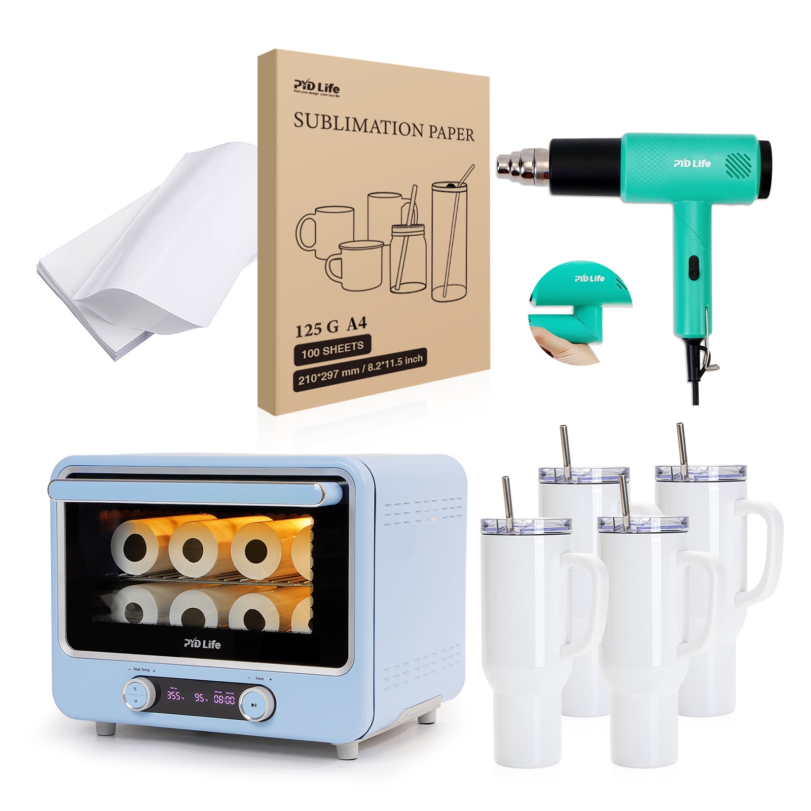 40 L Sublimation Oven Sublimation Starter Beginner Kit Bundle with 40 OZ Sublimation Tumblers,Binder Clips Extra Large,Shrink Wrap Film and Heat Blower