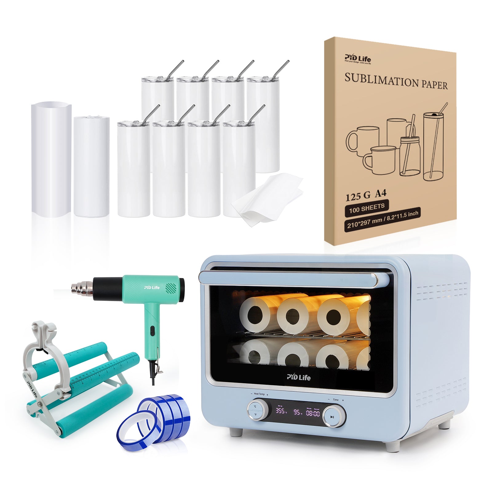 40 L Sublimation Oven Sublimation Starter Beginner Kit Bundle with 8 Pack 20 OZ Sublimation Tumblers,Sublimation Paper,Cup Tumbler Cradle,Shrink Wrap Films , Heat Tape and Heat Blower Foldable Handle