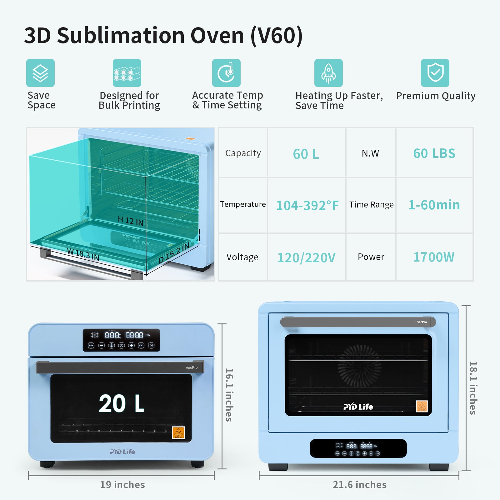 V60 Sublimation Oven Machine Kit 60L 120V with 11.7" x 16.5" Vacuum Tray(Pre-Order)