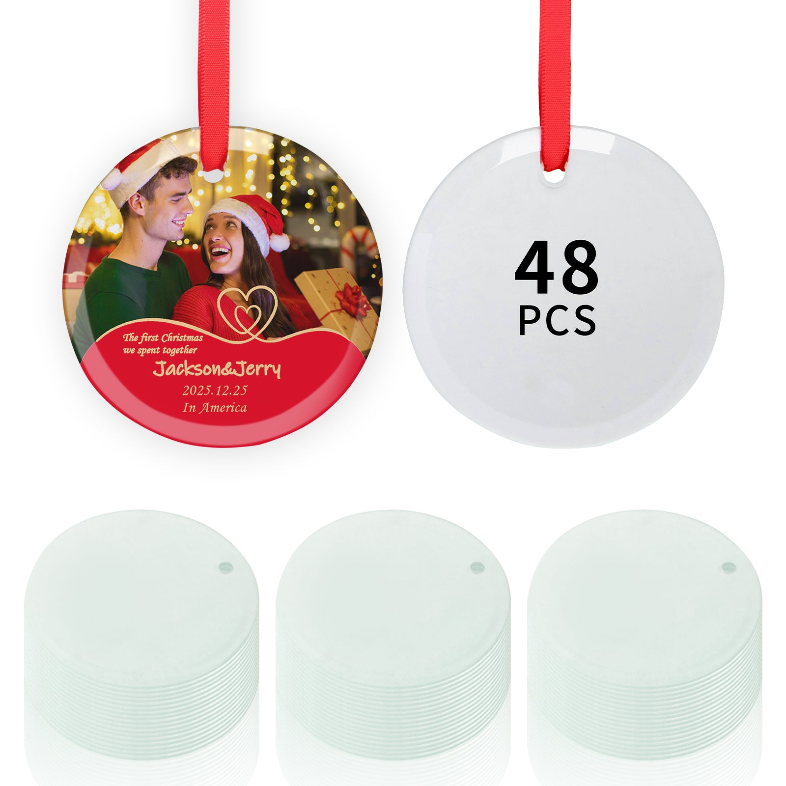 Wholesale Sublimation Glass Ornament Blanks with Red Ribbon Bulk for Christmas Easter Home Decor 48 PCS(4 Shape)