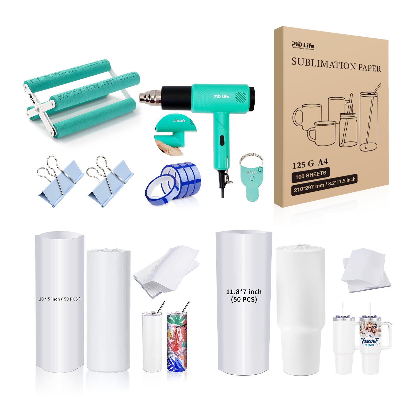 Sublimation Oven Tools Starter Kits Bundle with Heat Blower Gun, Heat Tape,Cup Cradle,Binder Clip,Y-Shaped Ruler,Sublimation Paper and Shrink Wrap Film