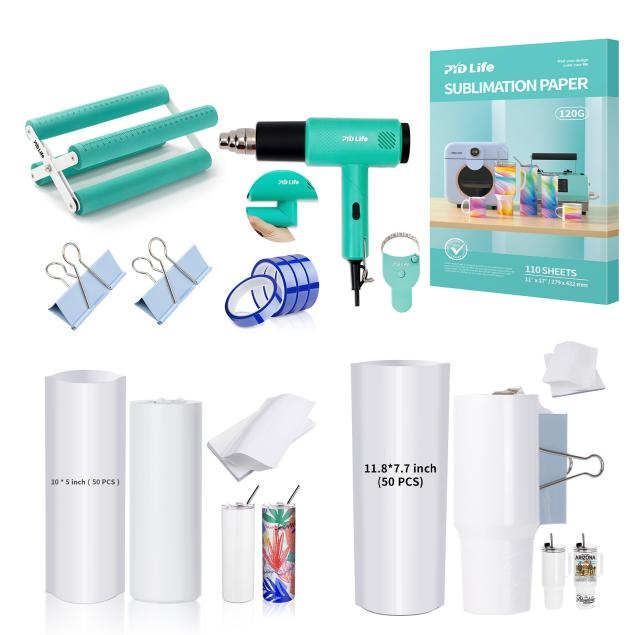 Sublimation Oven Tools Starter Kits Bundle with Heat Blower Gun, Heat Tape,Cup Cradle,Binder Clip,Y-Shaped Ruler,Sublimation Paper and Shrink Wrap Film