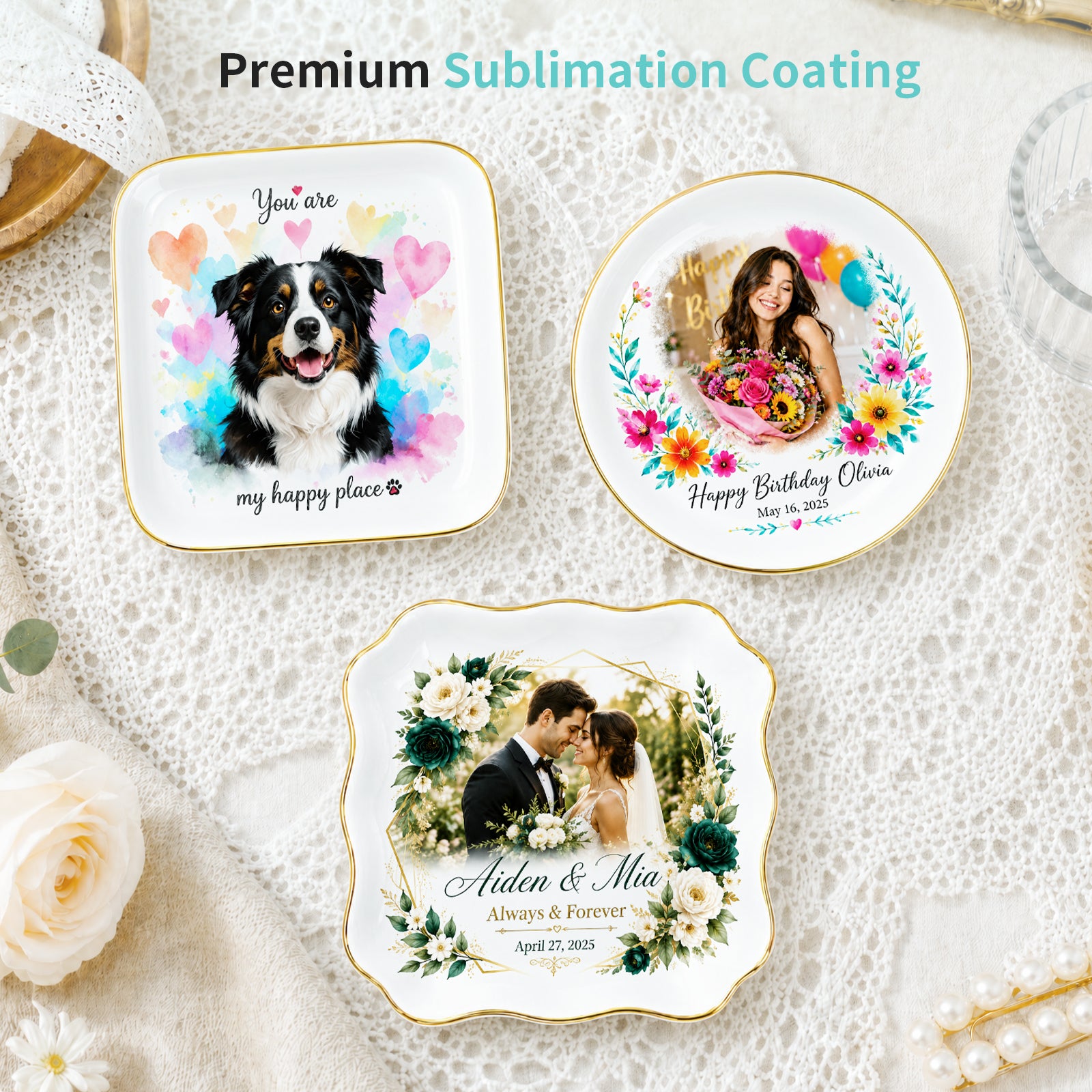 Sublimation Blanks Jewelry Tray Ceramic White with Gold Rim 4.5" Mixed 6 Pack Pre-Order