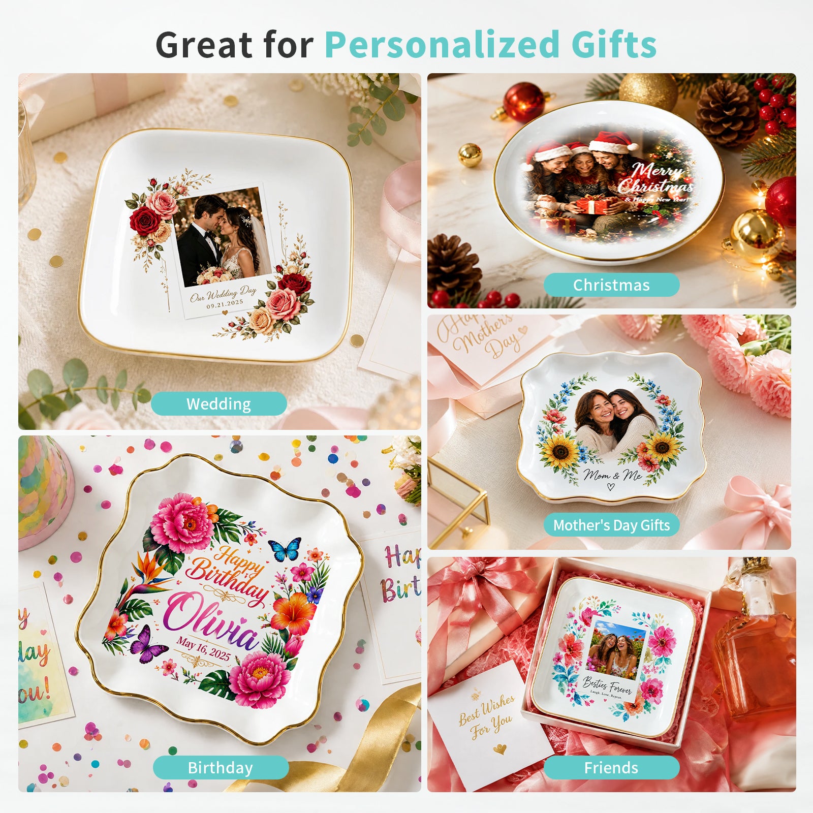 Sublimation Blanks Jewelry Tray Ceramic White with Gold Rim 4.5" Mixed 6 Pack Pre-Order