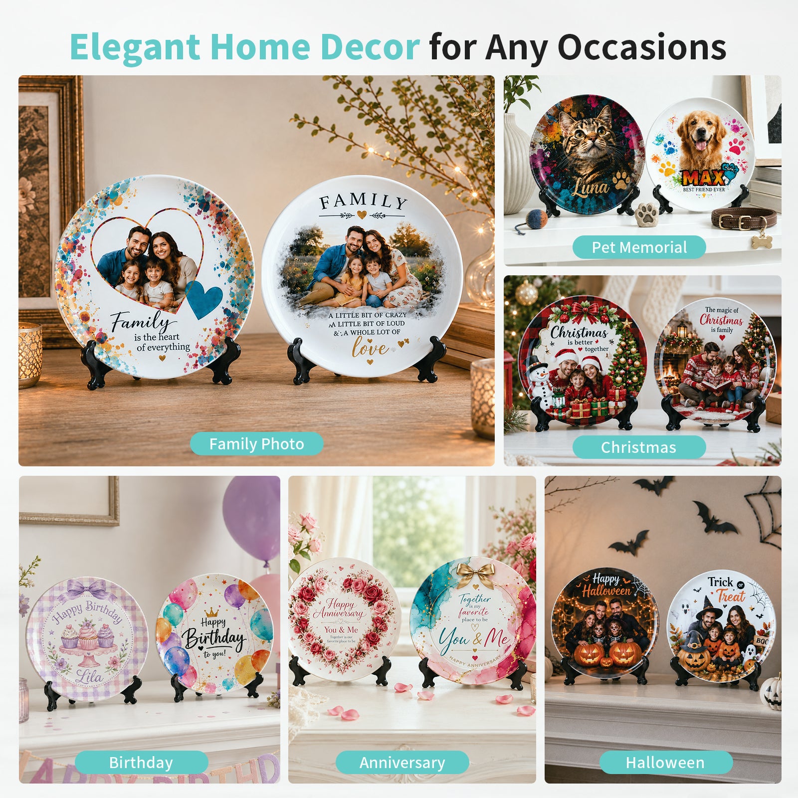 Wholesale 8" 3D Sublimation Blanks Plates with Display Stand White Full Wrap Printable Ceramic Plates for DIY Photo Designs Home Decor