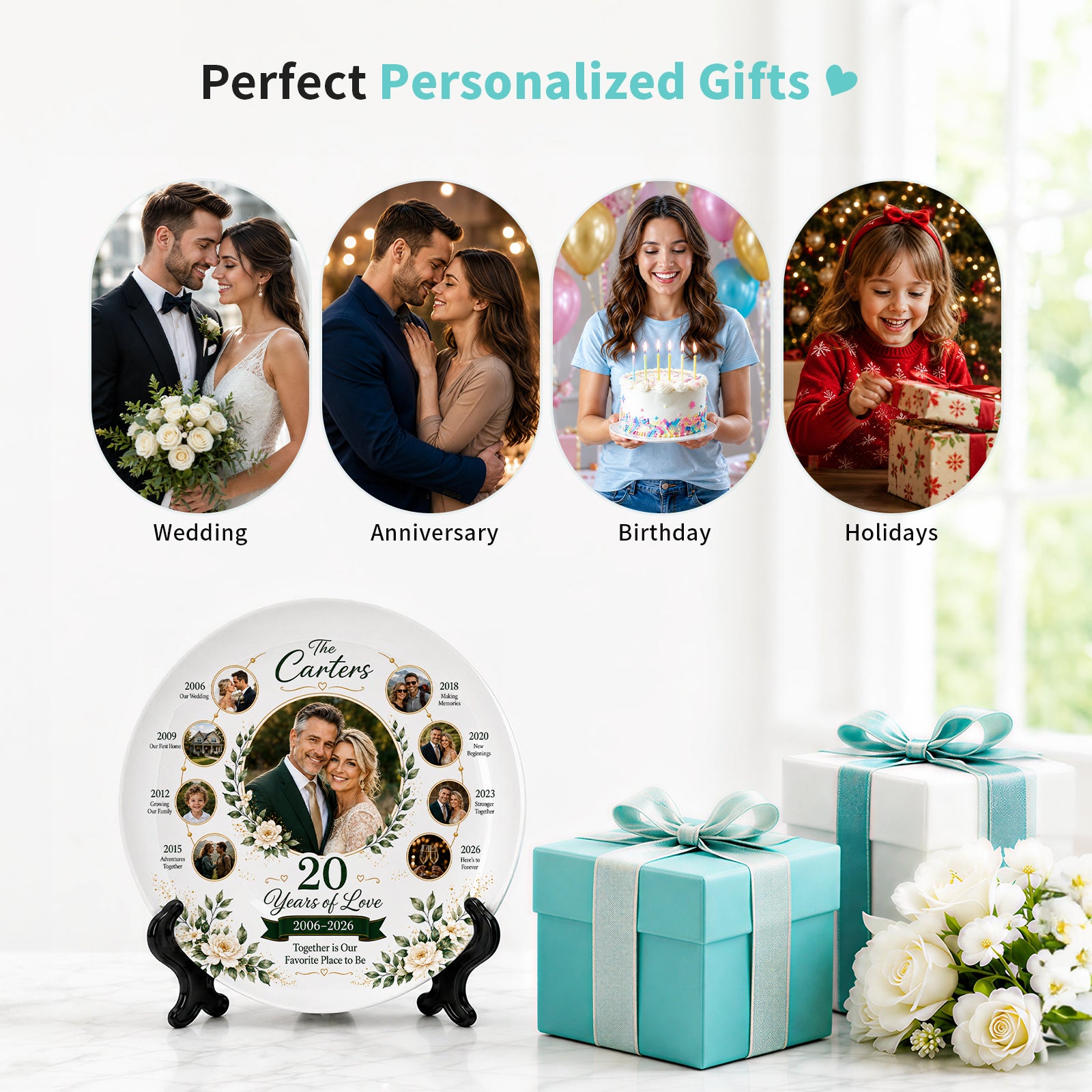 Wholesale 8" 3D Sublimation Blanks Plates with Display Stand White Full Wrap Printable Ceramic Plates for DIY Photo Designs Home Decor