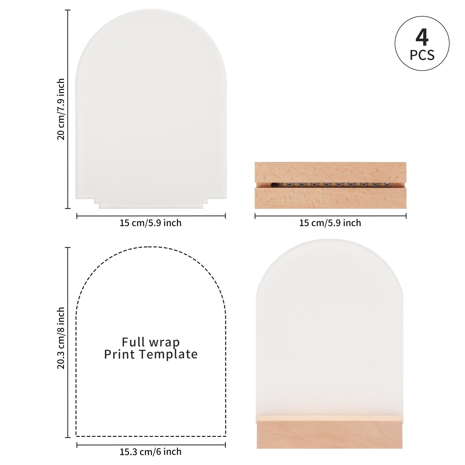 Wholesale 6" x 8" Sublimation LED Acrylic Arch Photo Frames Night Lights Blanks with Warm Color Light,with Wood Stand for Heat Press Machine Printing 8 Pack & 24 Pack & 48 Pack