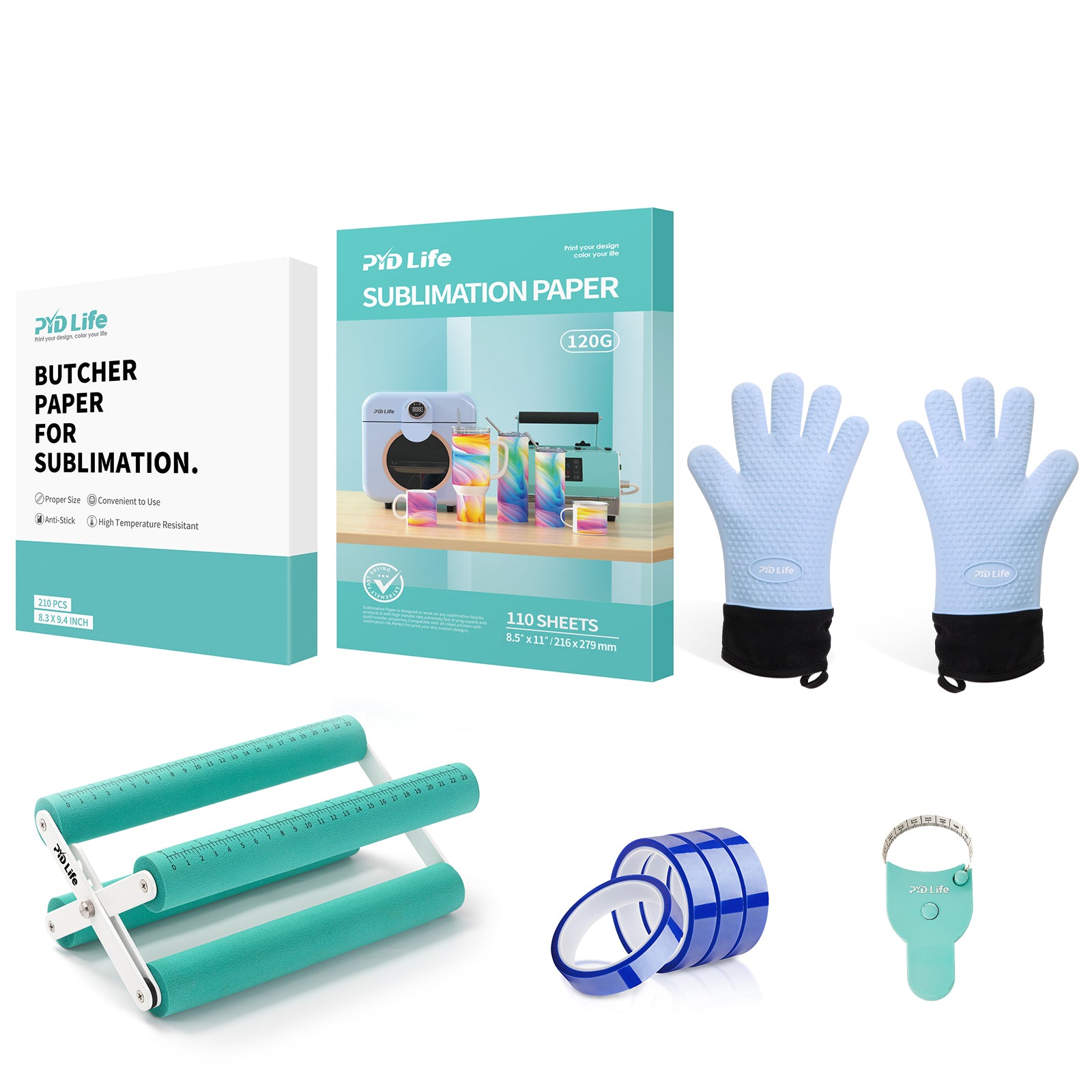 Tumbler Press Tools Starter Kit Bundle with Heat Resistant Gloves,Cup Tumbler Cradle,Sublimation Tape,Y-shaped Messure Tape ,Sublimation Paper and Butcher Paper