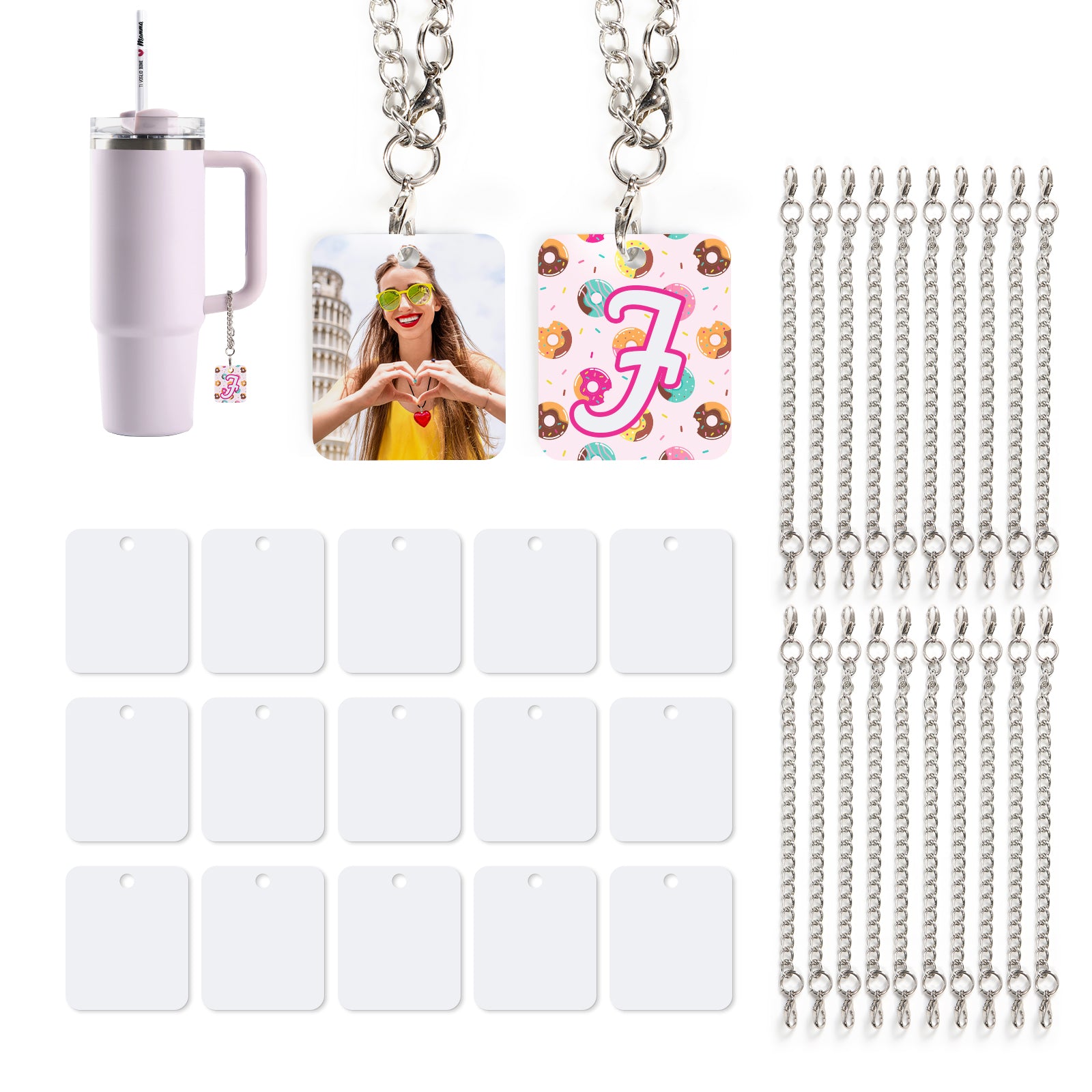 4 Shapes 20 Pack Sublimation Charms Accessories for Stanley Yeti Cups White Blanks Aluminum Doudle-sided Printable 20 Pack