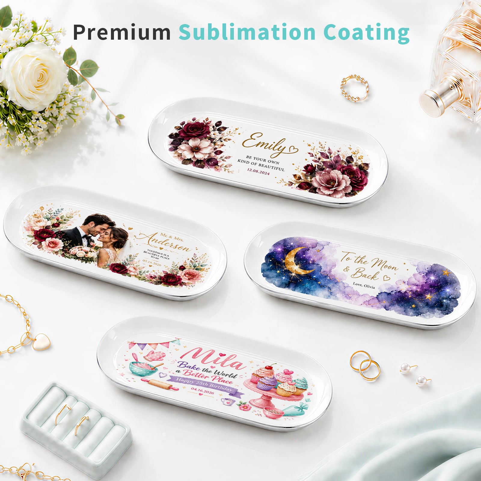 Wholesale Sublimation Blanks Jewelry Tray Stainless Steel 9" x 3.7" White Printable Surface, Silver Back Metal Trinket Dish for DIY Personalized Gifts for Jewerly Display 6 Pack(Pre-Order)