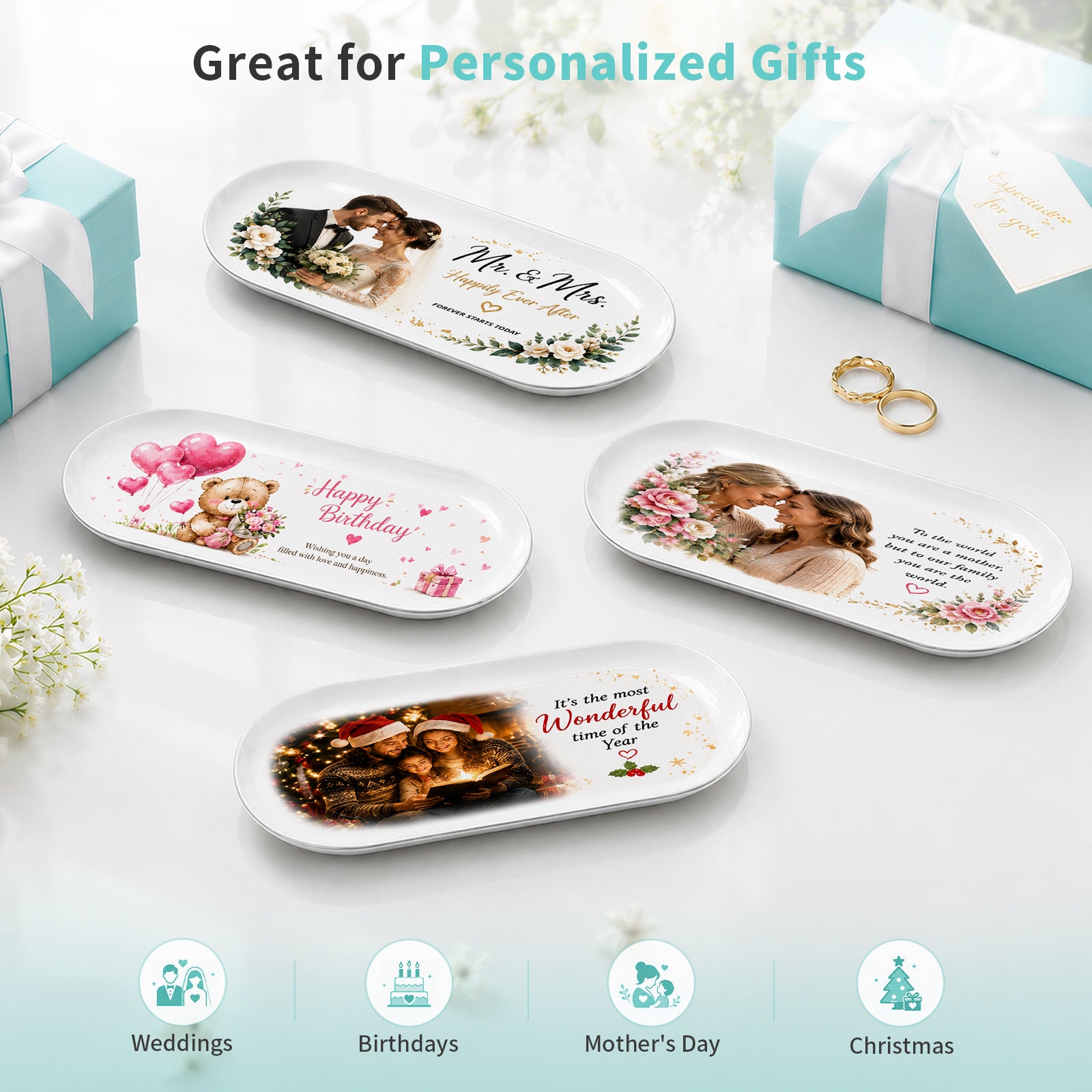Wholesale Sublimation Blanks Jewelry Tray Stainless Steel 9" x 3.7" White Printable Surface, Silver Back Metal Trinket Dish for DIY Personalized Gifts for Jewerly Display 6 Pack(Pre-Order)