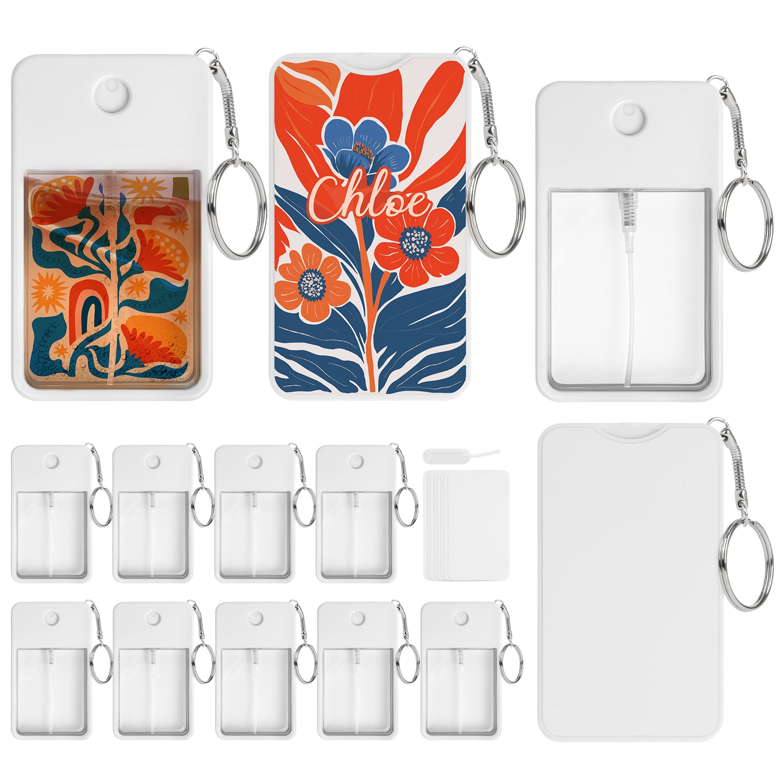 Wholesale Sublimation Blanks Card Perfume Spray Bottle 1FL. OZ 30 ml White with Key Ring, Portable Refillable Travel Sprayer with Double-Sided Sublimation Aluminum Sheets for DIY 12 Pack