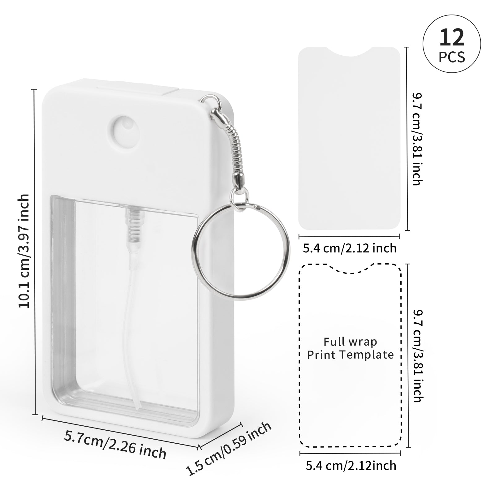 Wholesale Sublimation Blanks Card Perfume Spray Bottle 1FL. OZ 30 ml White with Key Ring, Portable Refillable Travel Sprayer with Double-Sided Sublimation Aluminum Sheets for DIY 12 Pack