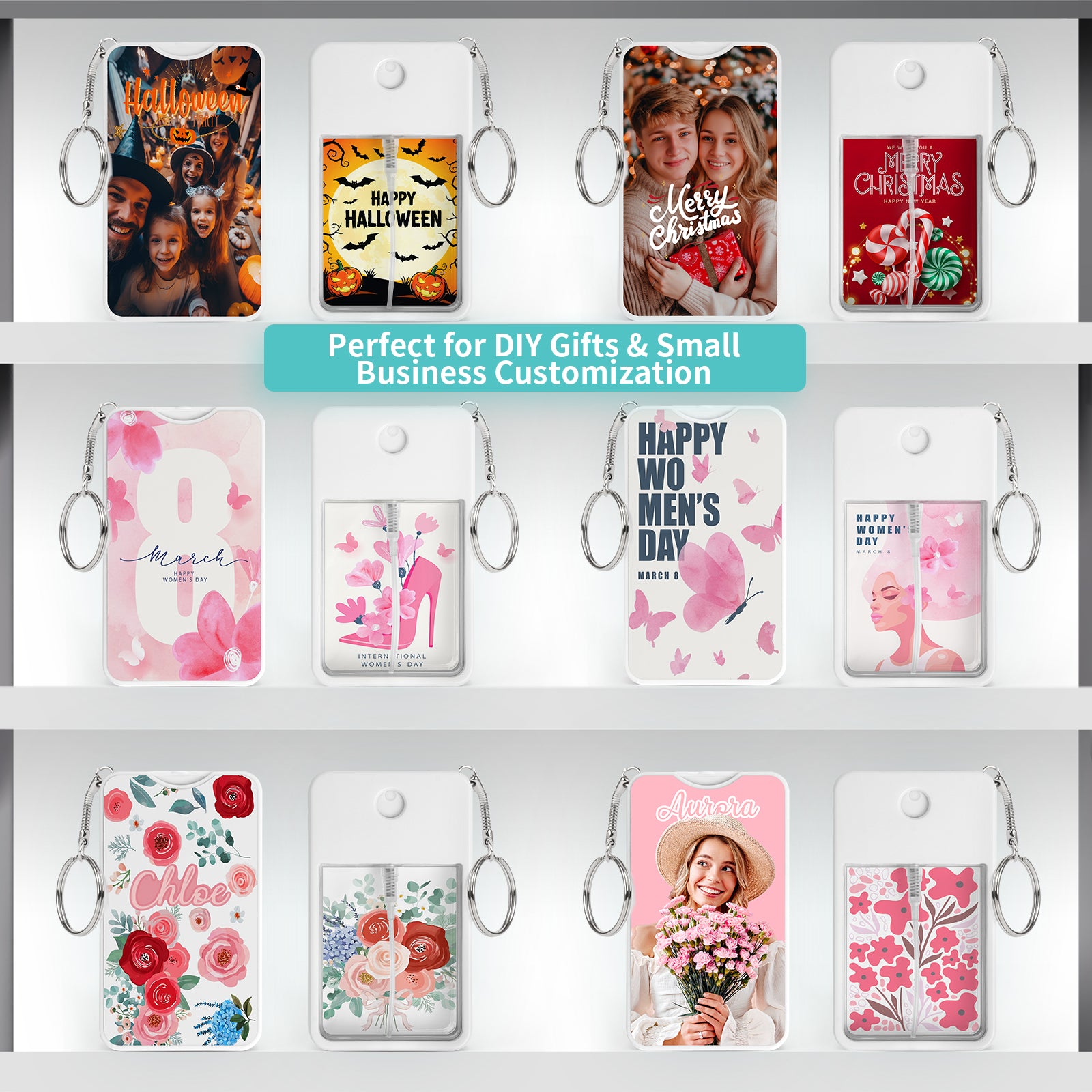 Wholesale Sublimation Blanks Card Perfume Spray Bottle 1FL. OZ 30 ml White with Key Ring, Portable Refillable Travel Sprayer with Double-Sided Sublimation Aluminum Sheets for DIY 12 Pack
