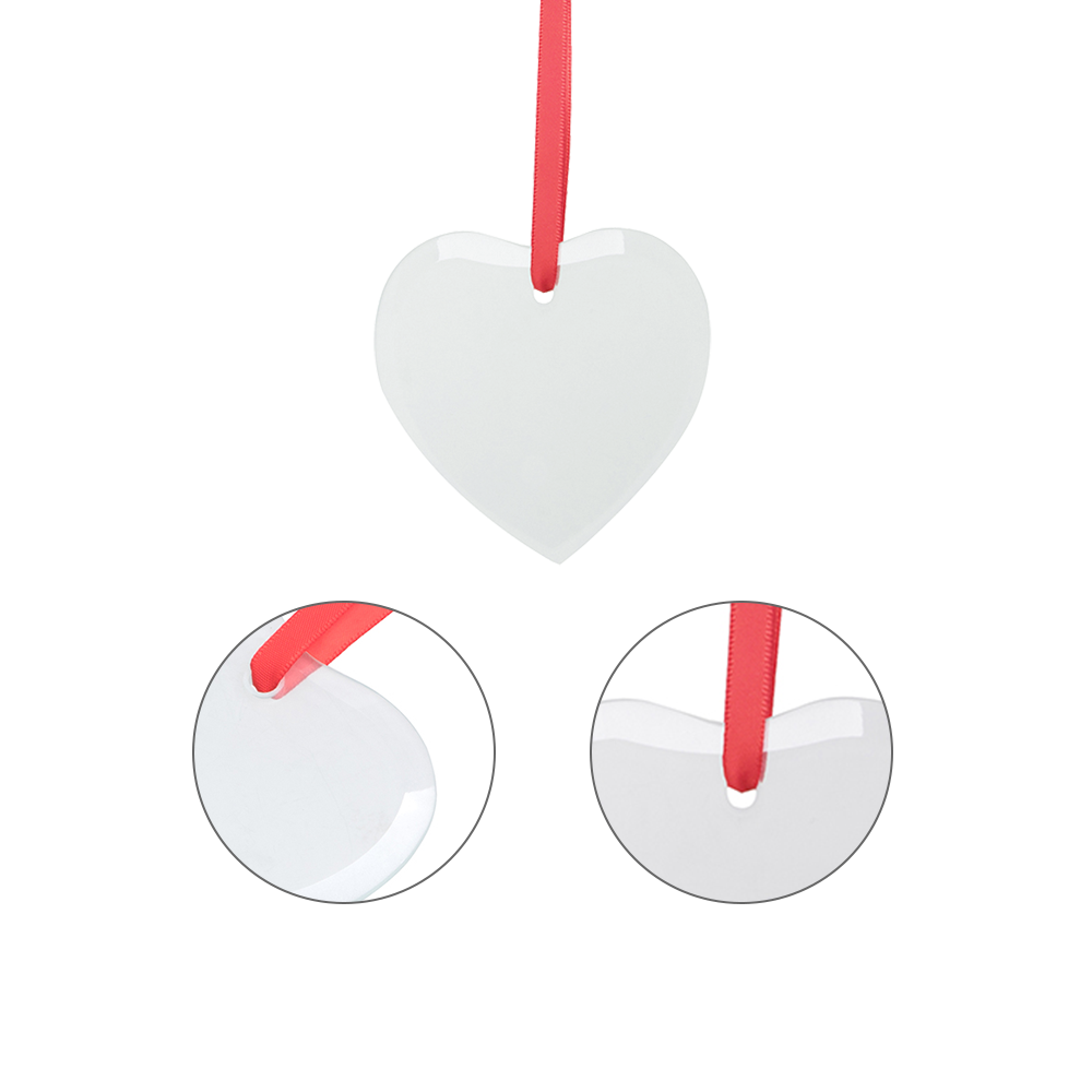 Wholesale Sublimation Glass Ornament Blanks with Red Ribbon 3 Inch Heart for Easter Christmas Hanging Home Decor 48 PCS