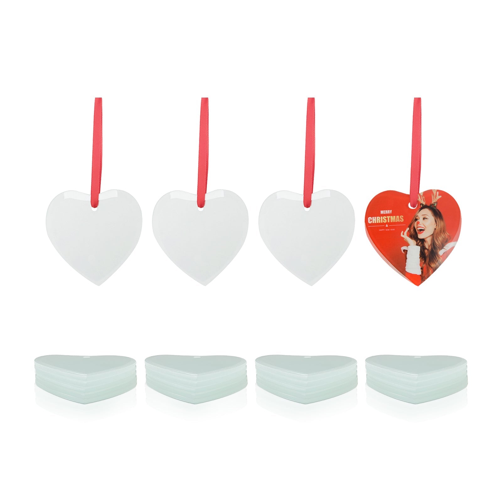 Wholesale Sublimation Glass Ornament Blanks with Red Ribbon 3 Inch Heart for Easter Christmas Hanging Home Decor 48 PCS
