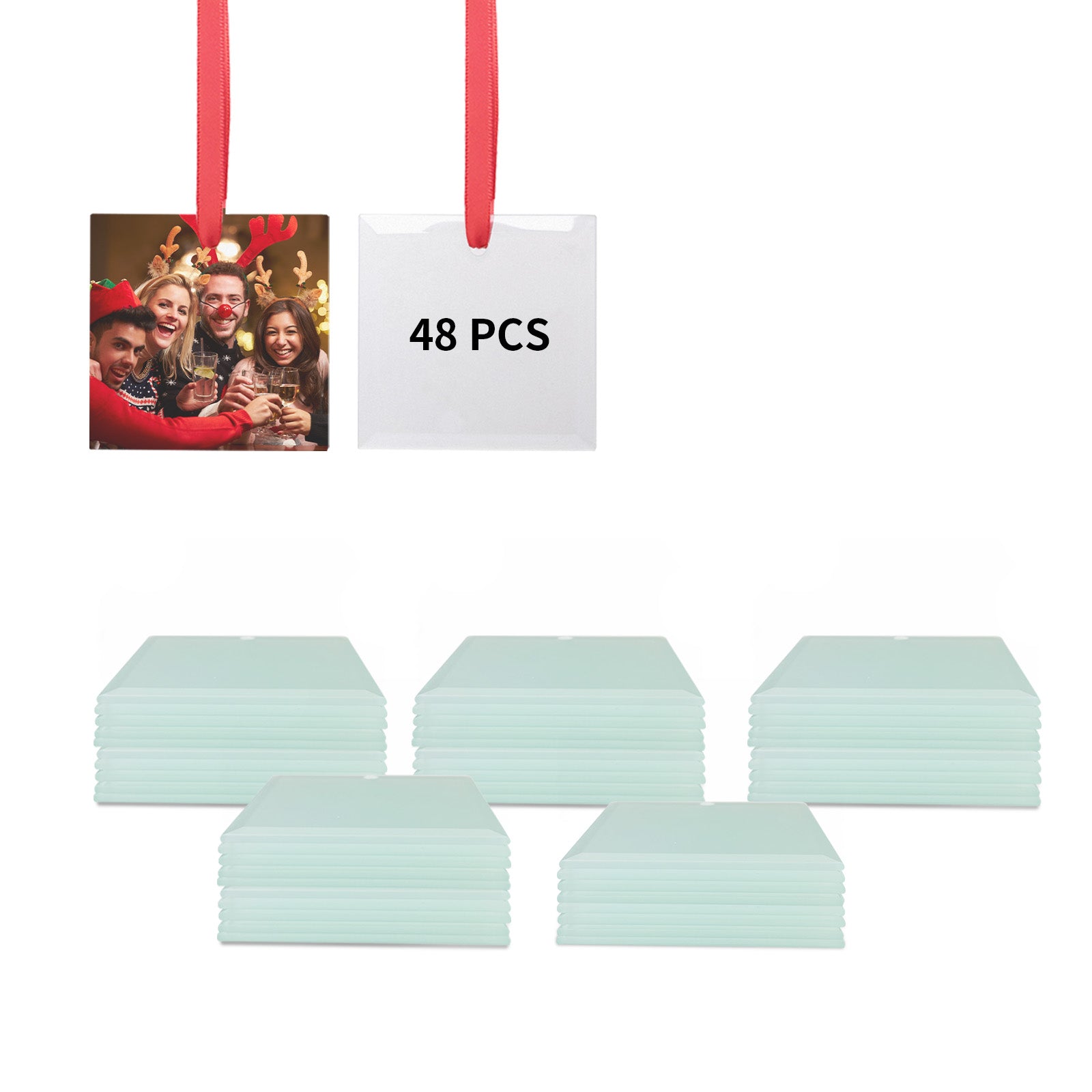 Wholesale Sublimation Glass Ornament Blanks with Red Ribbon Bulk for Christmas Easter Home Decor 48 PCS(4 Shape)