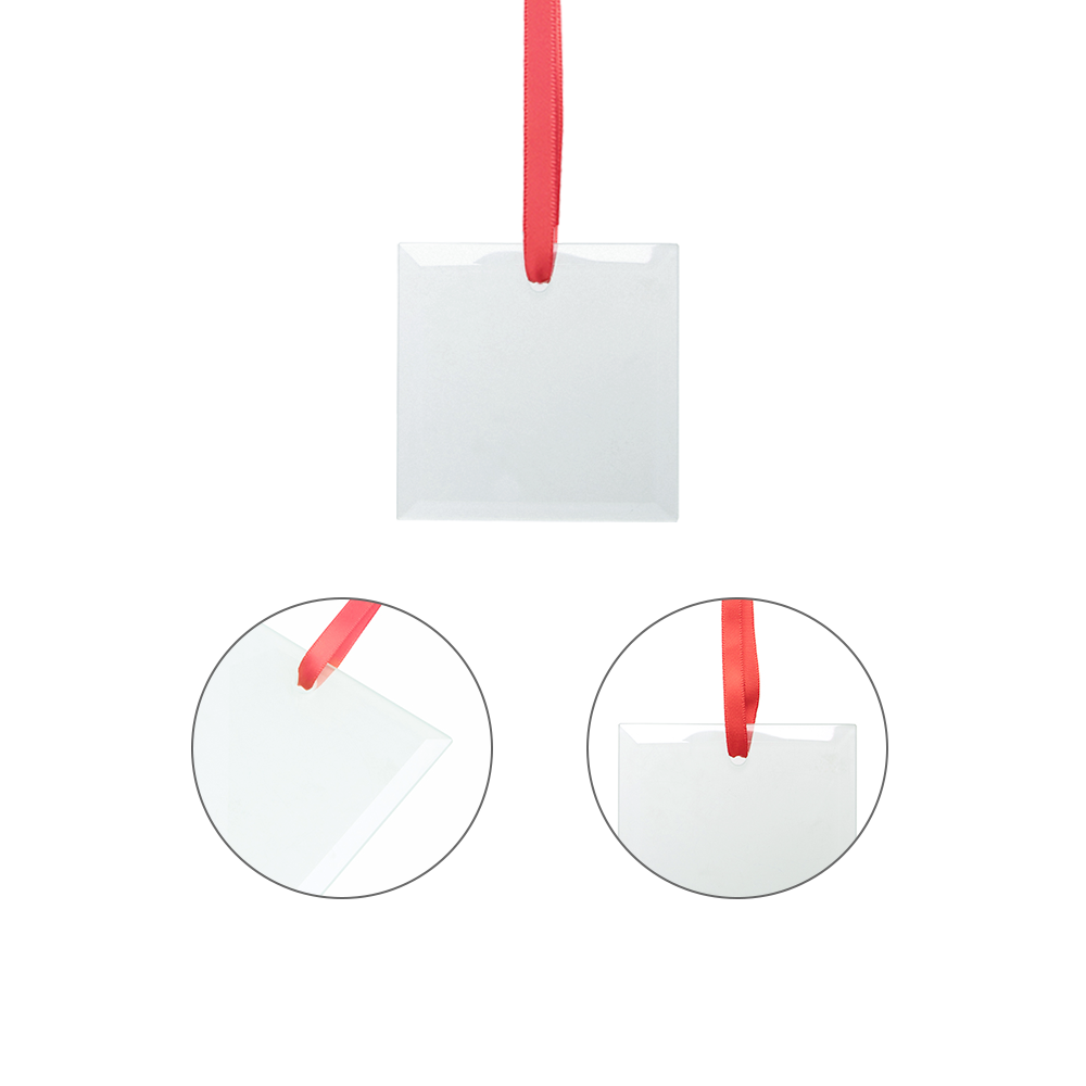 Wholesale Sublimation Glass Ornament with Red Ribbon 3 Inch Square 48 PCS & 120 PCS & 240 PCS