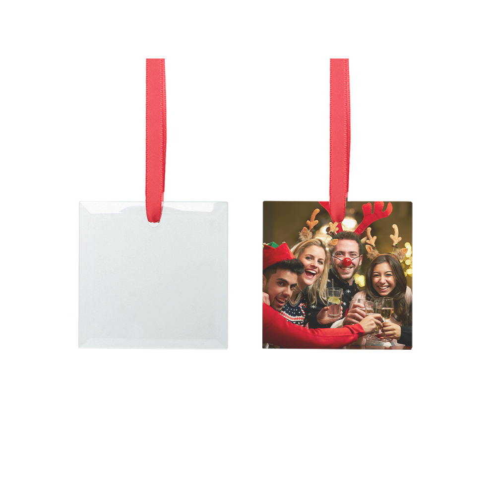 Wholesale Sublimation Glass Ornament with Red Ribbon 3 Inch Square 48 PCS & 120 PCS & 240 PCS