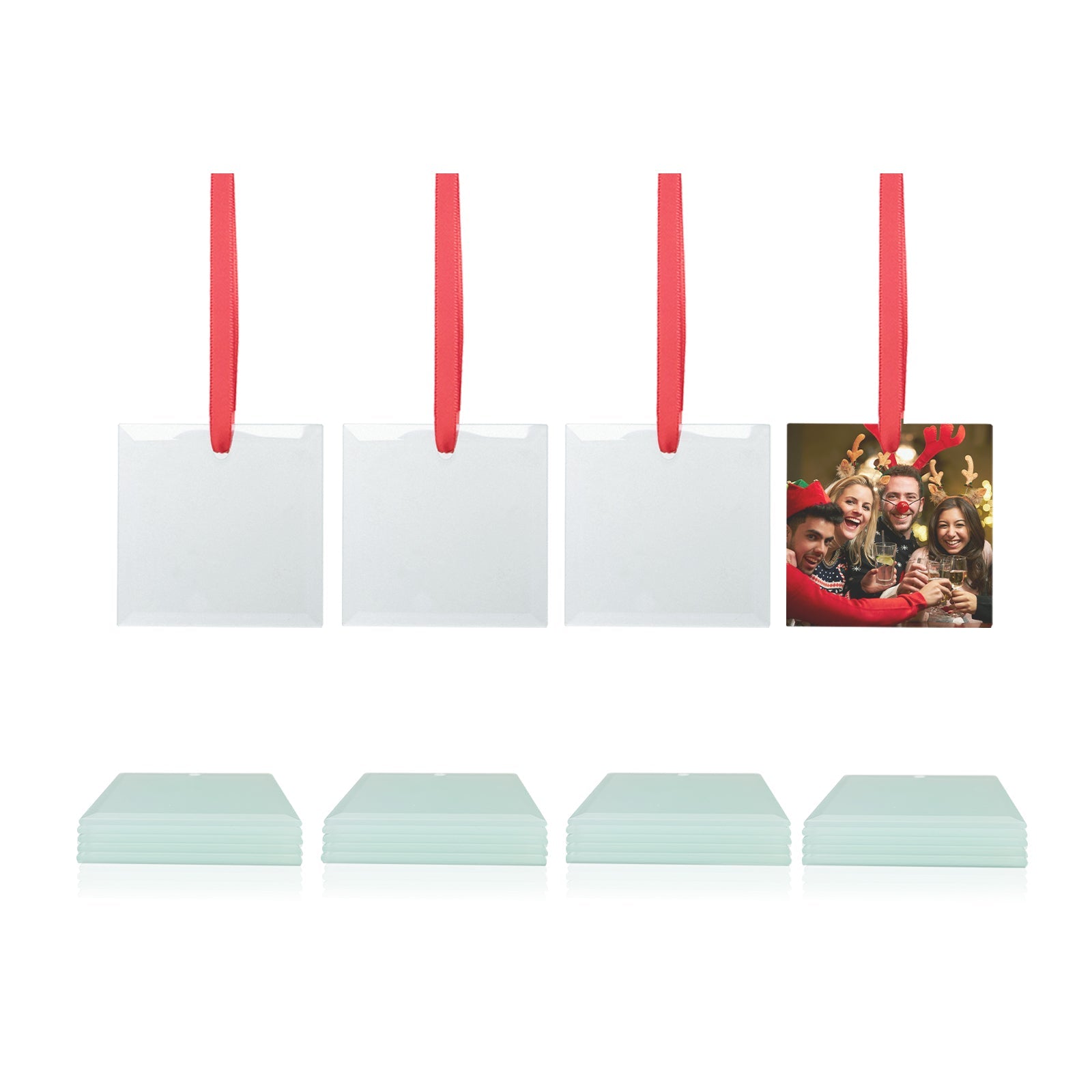 Wholesale Sublimation Glass Ornament with Red Ribbon 3 Inch Square 48 PCS & 120 PCS & 240 PCS