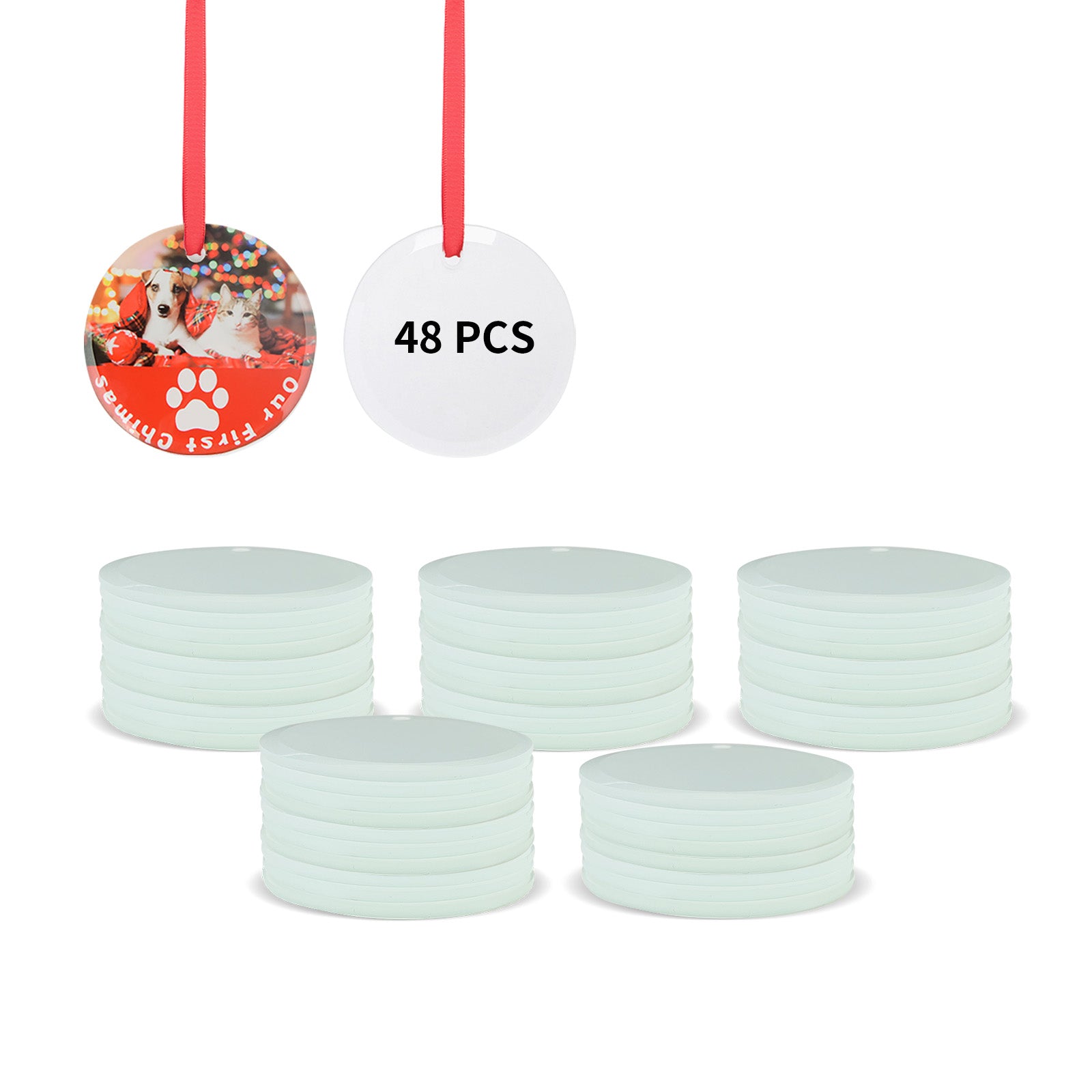 Wholesale Sublimation Glass Ornament Blanks Round 3 Inch with Red Ribbon Bulk for Easter Christmas Home Decor 48 PCS & 120 PCS & 240 PCS