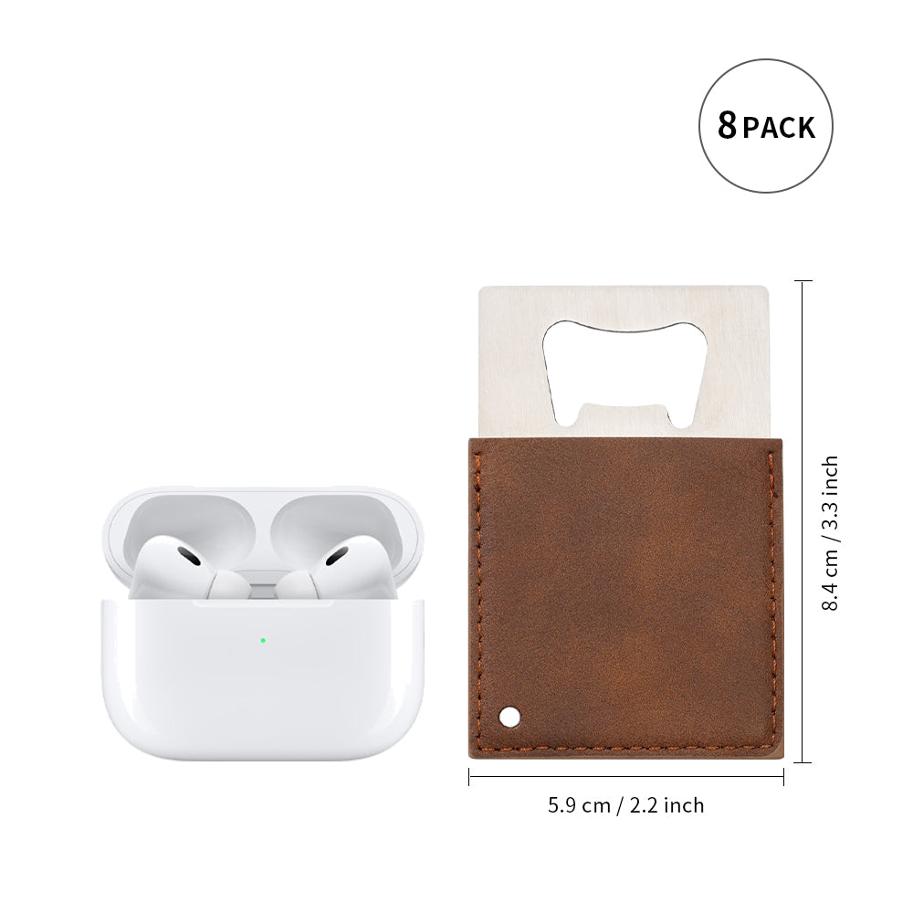 Craft Blanks Stainless Steel Bottle Opener with Leather Cover for Custom Laser Engraving, Card shape, 5 color options, 8 Pack