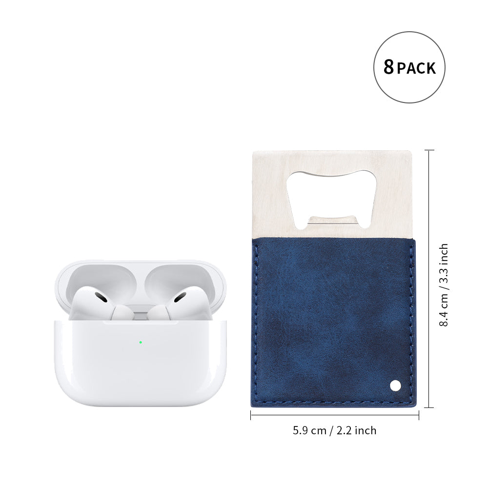 Craft Blanks Stainless Steel Bottle Opener with Leather Cover for Custom Laser Engraving, Card shape, 5 color options, 8 Pack