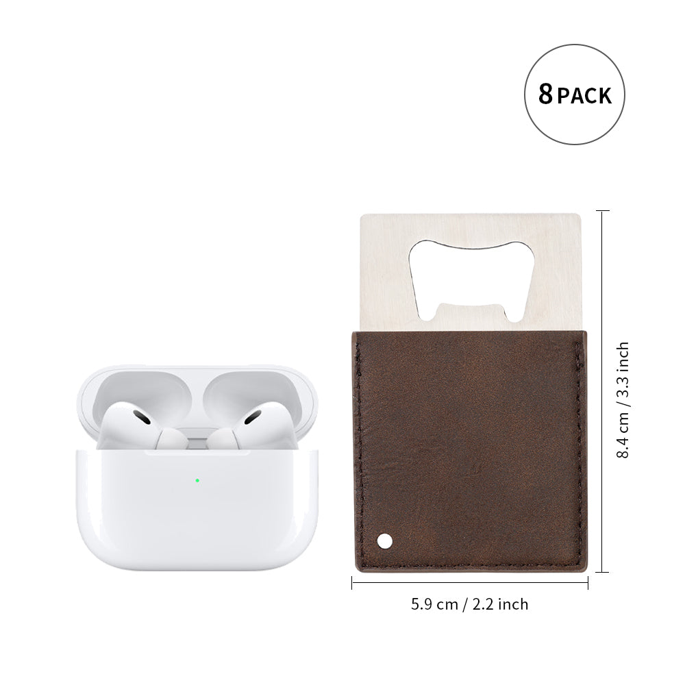 Craft Blanks Stainless Steel Bottle Opener with Leather Cover for Custom Laser Engraving, Card shape, 5 color options, 8 Pack