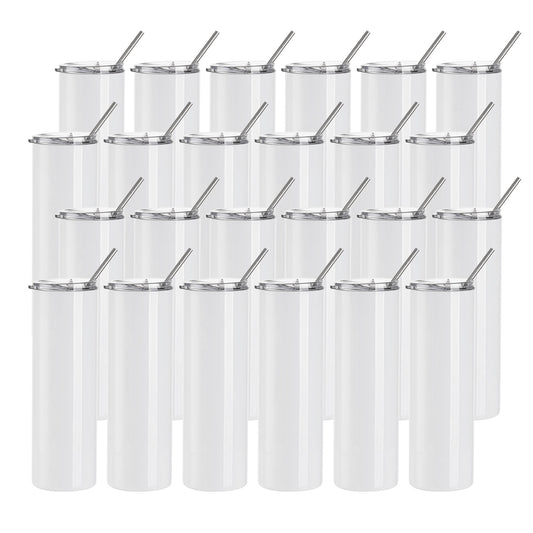 Wholesale 30 OZ Sublimation Skinny Straight Tumbler White With Metal Straw And Slide Lid 24 Pieces