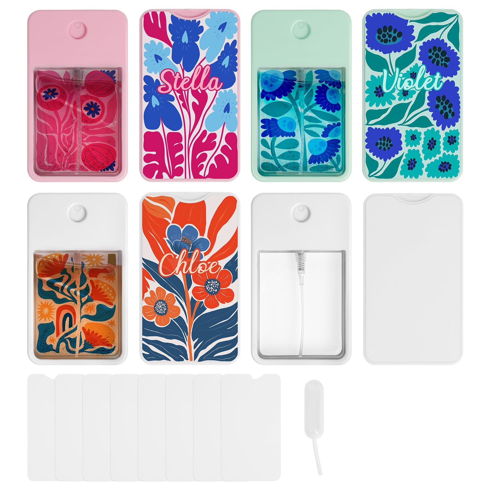 Wholesale 12 Pack Sublimation Blanks Card Perfume Spray Bottle 1FL. OZ 30 ml Mixed Color, Portable Refillable Travel Mist Sprayer with 16 PCS Double-Sided Sublimation Aluminum Sheets for Custom Design