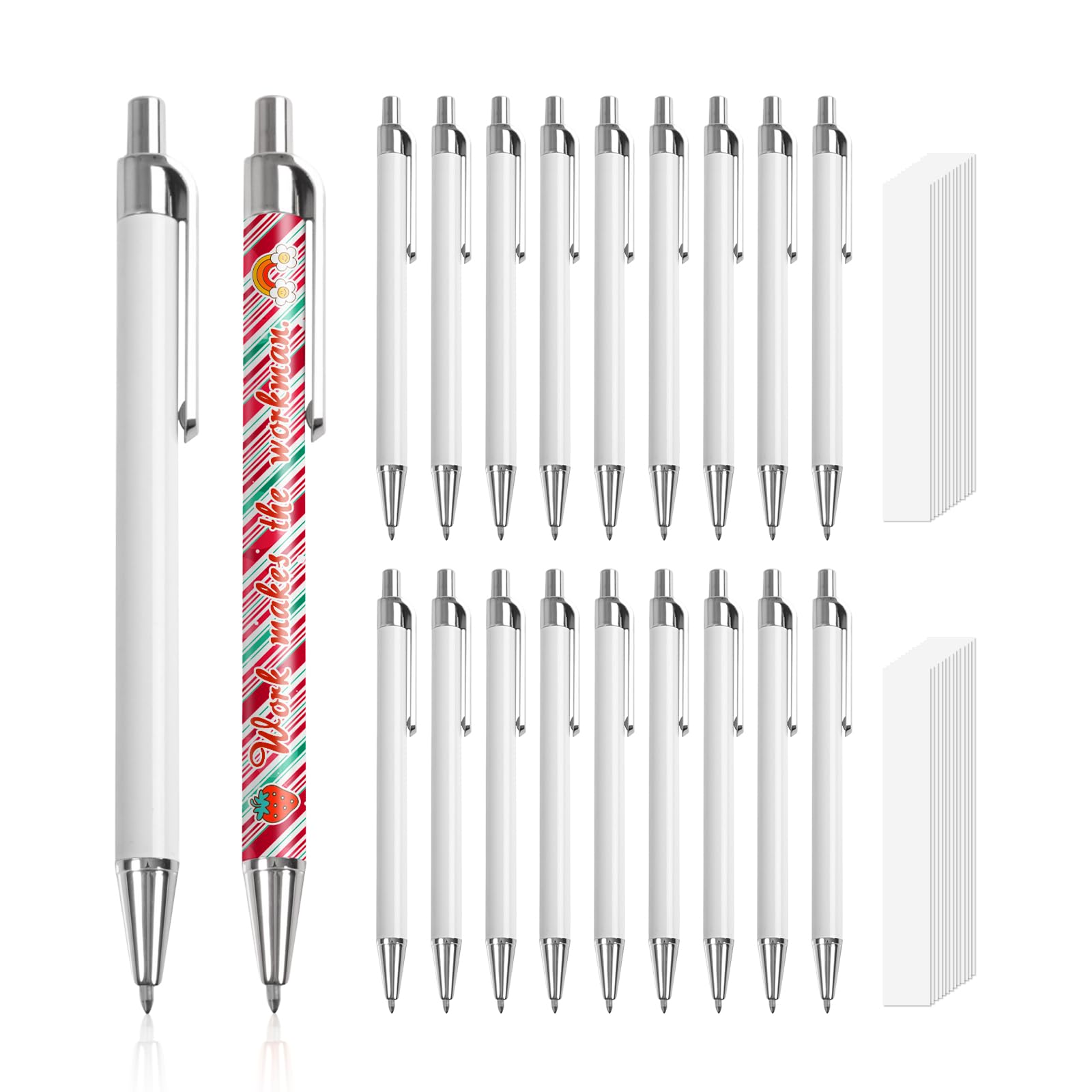 Sublimation Pens Blanks White Aluminum Ballpoint Pens with Clip and Come with 25 Pieces Shrink Wrap Films for Office School Stationery Supplies(2 Color) 40 Pack & 60 Pack & 120 Pack