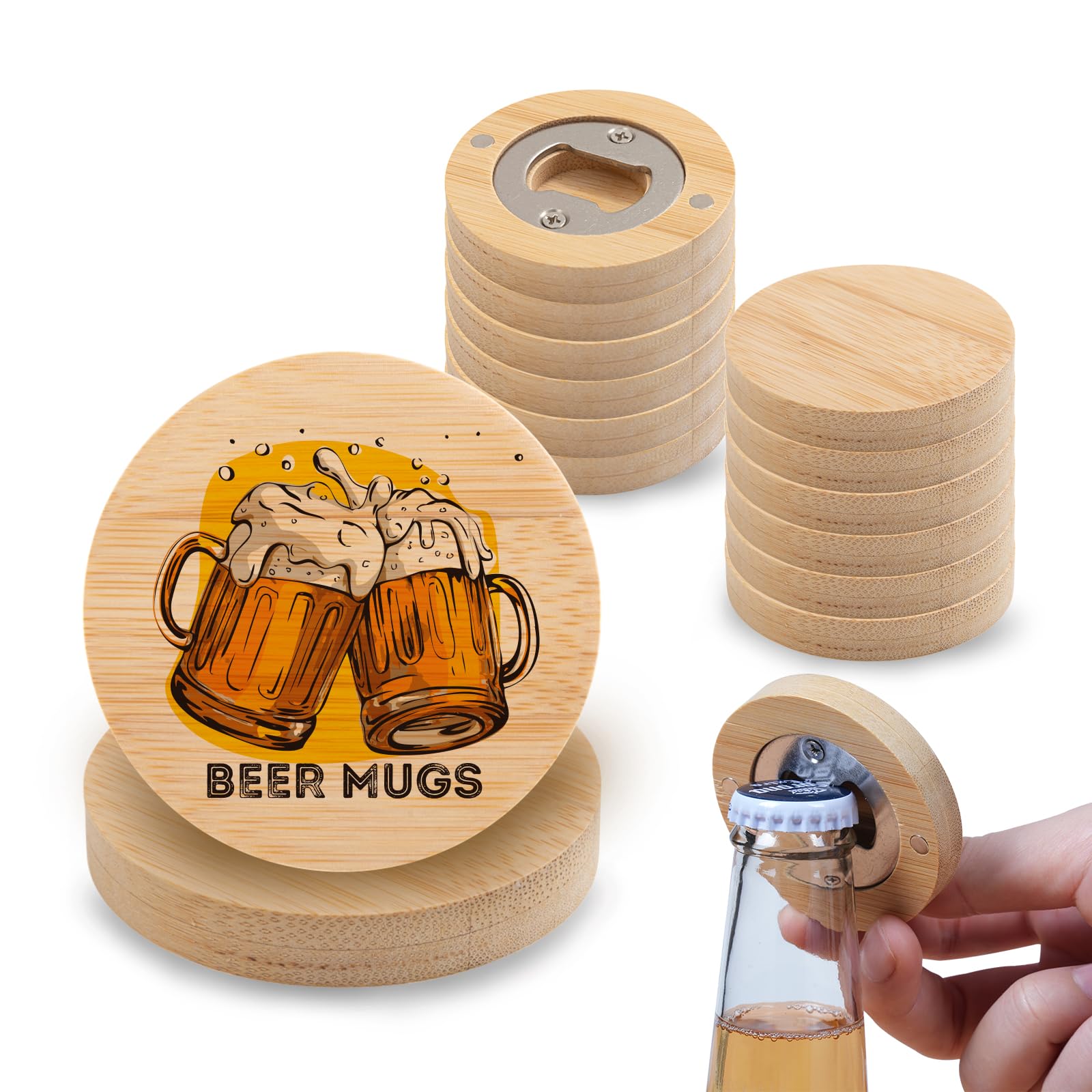 Wholesale 2 in 1 Sublimation Bamboo Stainless Steel Bottle Opener Fridge Magnet Blanks Round 2.36" Wooden Bulk 24 Pack