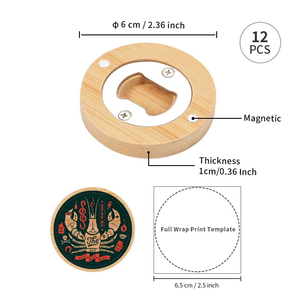 Wholesale 2 in 1 Sublimation Bamboo Stainless Steel Bottle Opener Fridge Magnet Blanks Round 2.36" Wooden Bulk 24 Pack