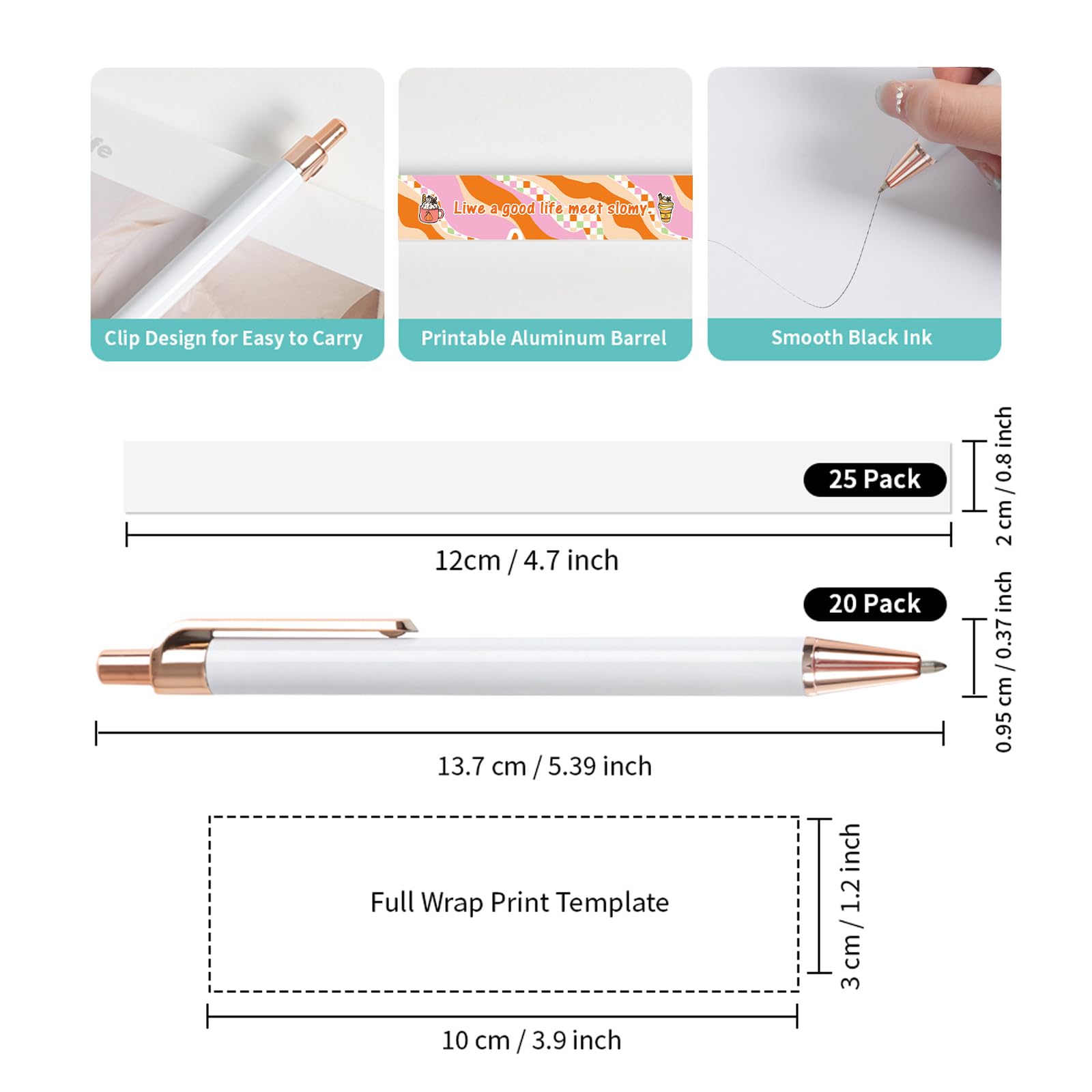 Sublimation Pens Blanks White Aluminum Ballpoint Pens with Clip and Come with 25 Pieces Shrink Wrap Films for Office School Stationery Supplies(2 Color) 40 Pack & 60 Pack & 120 Pack