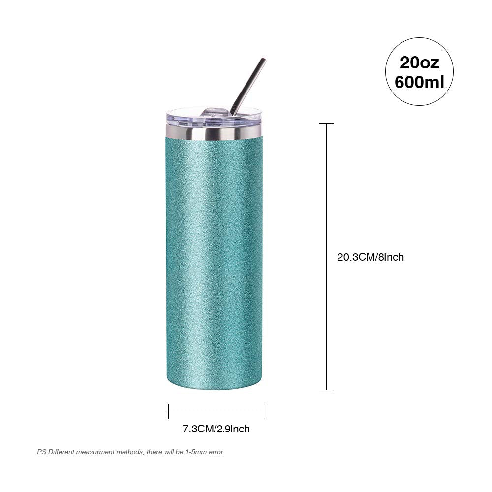 Wholesale Glitter Teal 20 OZ Sublimation Straight Tumbler Bulk with Metal Straw and Slide Lid 8 Pack & 24 Pack & 48 Pack