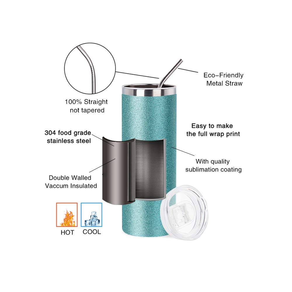 Wholesale Glitter Teal 20 OZ Sublimation Straight Tumbler Bulk with Metal Straw and Slide Lid 8 Pack & 24 Pack & 48 Pack