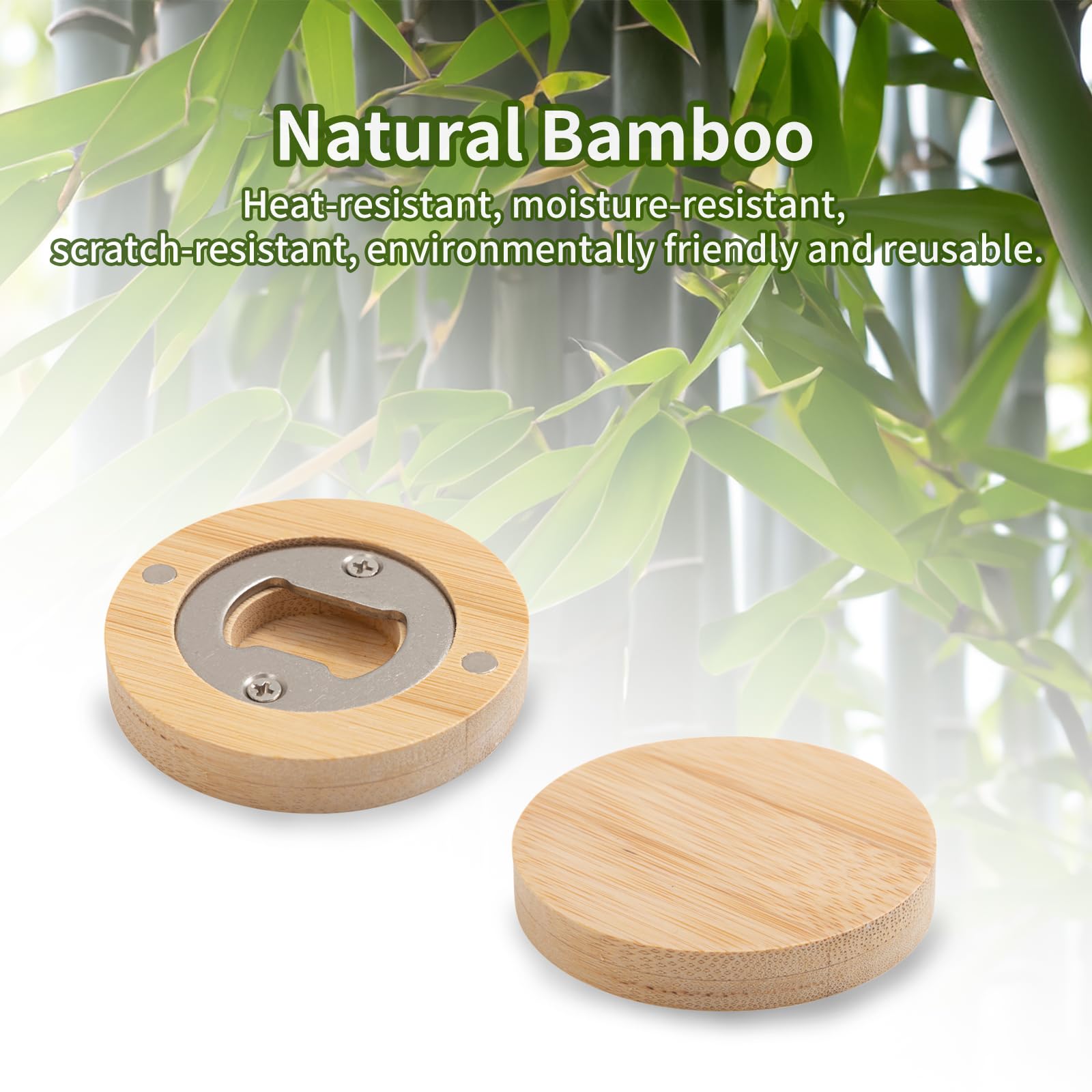 Wholesale 2 in 1 Sublimation Bamboo Stainless Steel Bottle Opener Fridge Magnet Blanks Round 2.36" Wooden Bulk 24 Pack
