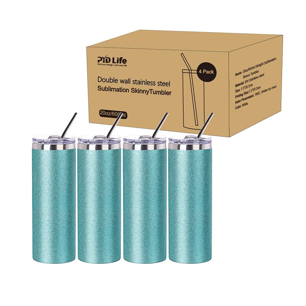 Wholesale Glitter Teal 20 OZ Sublimation Straight Tumbler Bulk with Metal Straw and Slide Lid 8 Pack & 24 Pack & 48 Pack